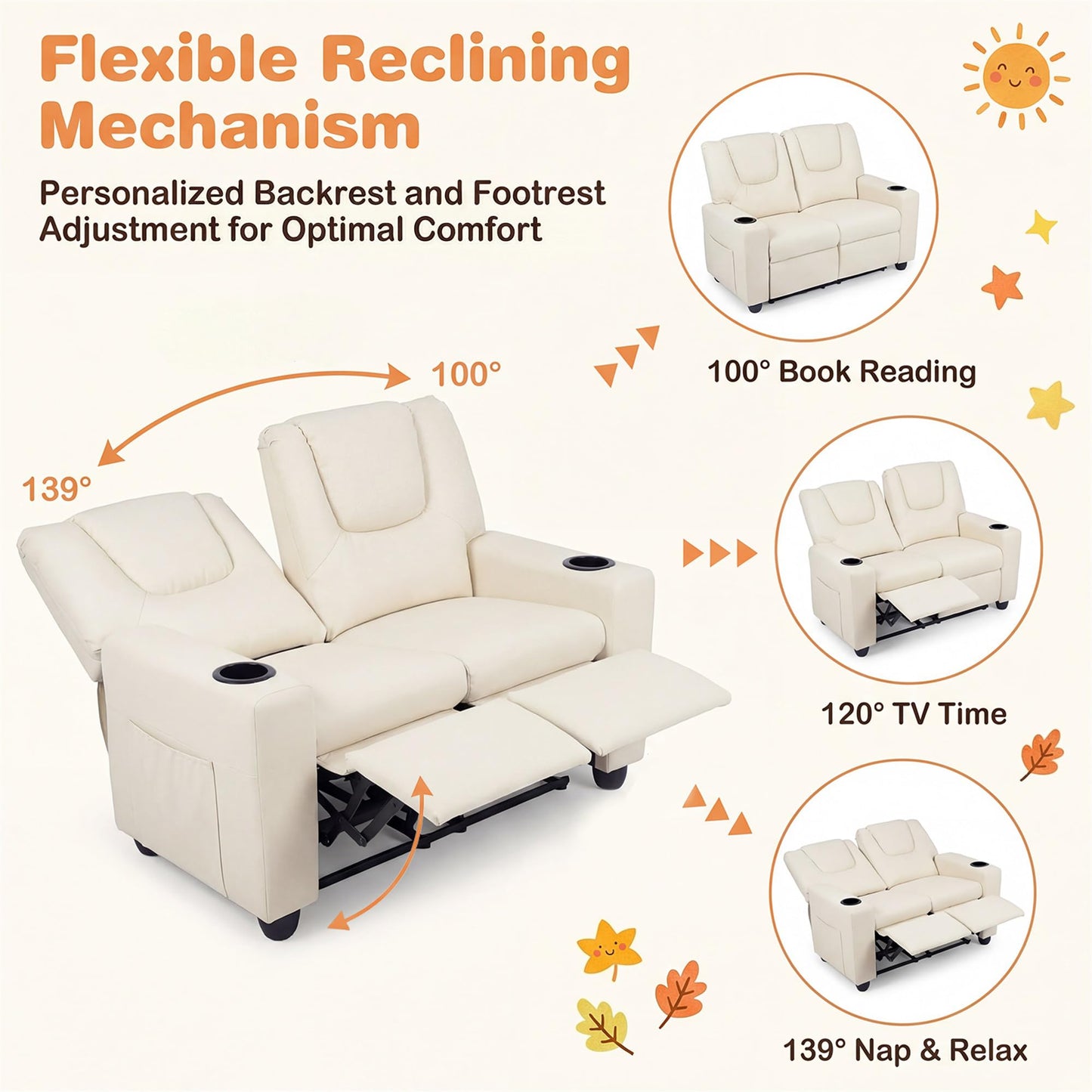HONEY JOY 2-Seater Kids Recliner, Double Toddler Loveseat Sofa w/2 Cup Holders, 2 Side Pockets, Adjustable Backrest & Footrest, PU Leather Children Couch for Boys Girls Age 3+ (Beige)