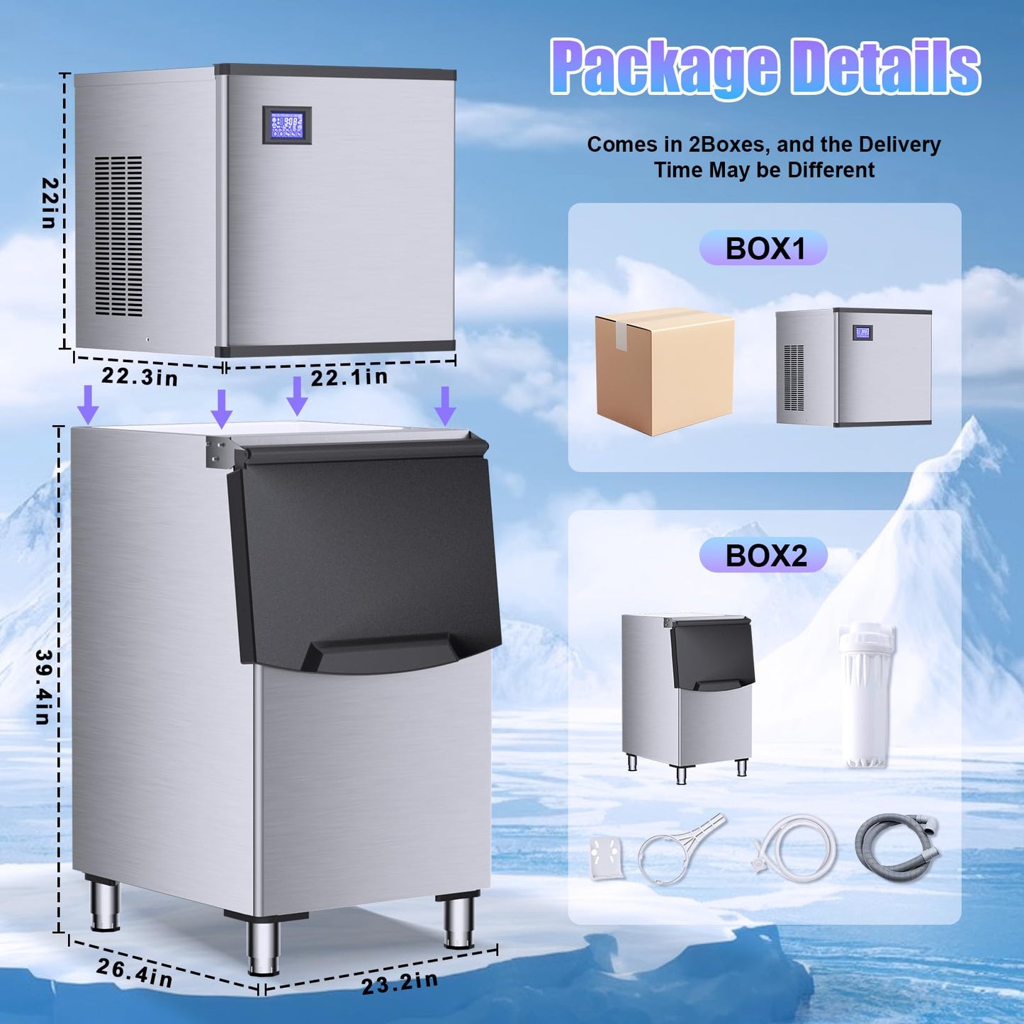 Bibrsa Commercial Ice Maker Machine 480LBS/24H, 360LBS Storage Bin, Ice Ready in 8-15 Mins, Self-Cleaning Mode, Freestanding Ice Maker, Stainless Steel Industrial Ice Machine for Restaurant/Bar/Cafe