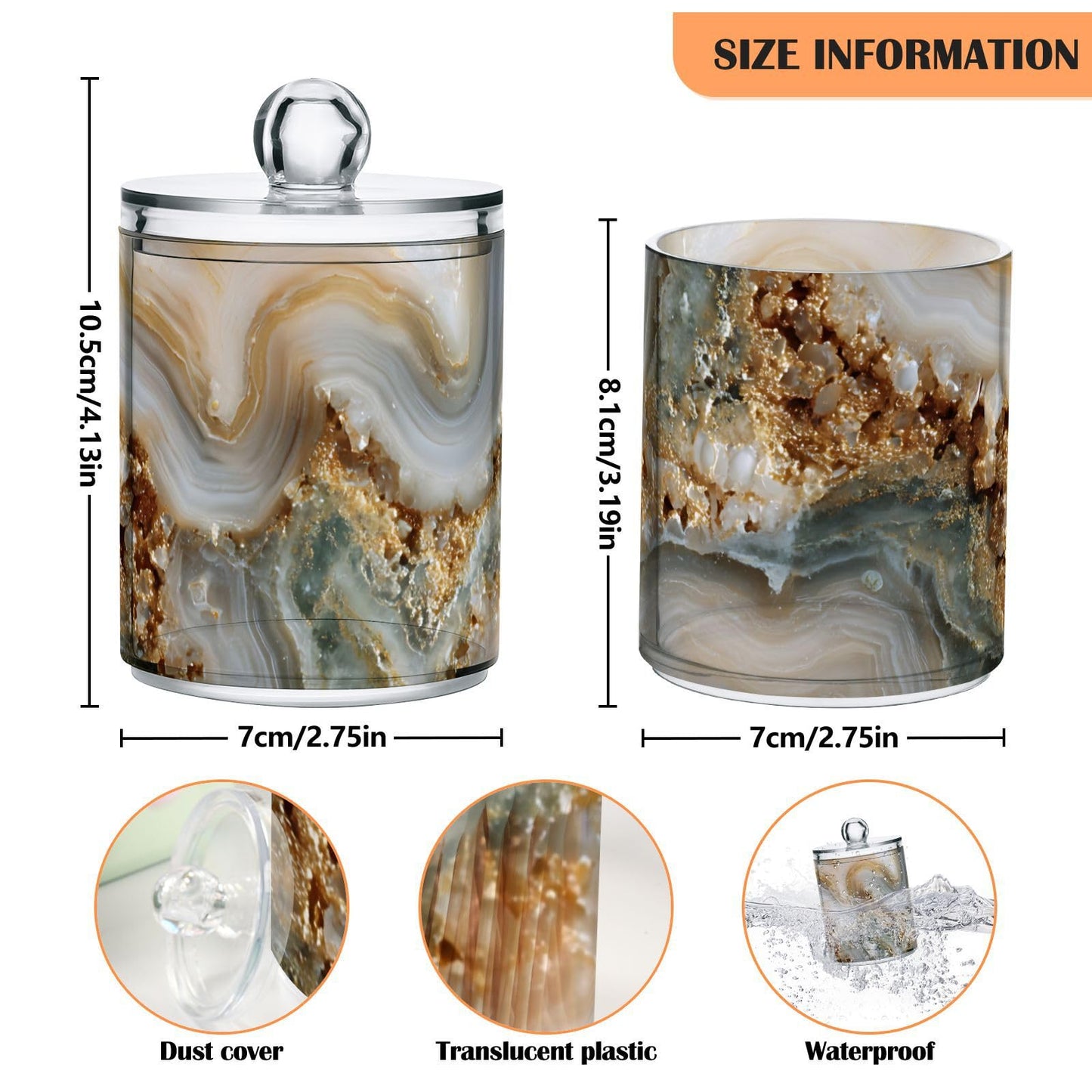 Xmycdz 2 Pack Agate Marble Apothecary Jars with Lid, 10 Oz Clear Plastic Apothecary Jar Set Qtip Holder Storage Containers for Cotton Ball Swabs Bathroom Vanity