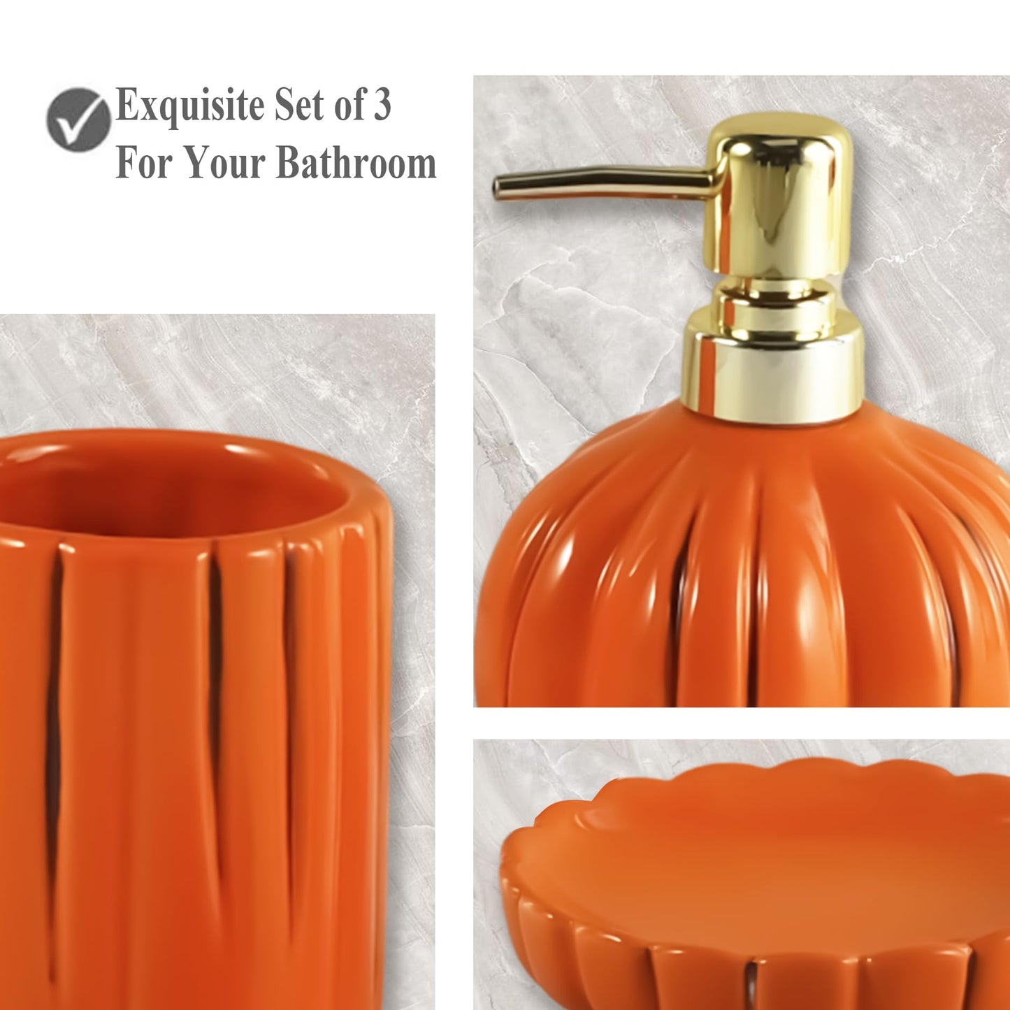 Halloween Pumpkin Bathroom Accessories Set, Orange Bathroom Fall Decor, 3PC Ceramic Bathroom Sets Complete, Toothbrush Holders, Soap Dispenser, Soap Dish, Bathroom Organizer for Countertop