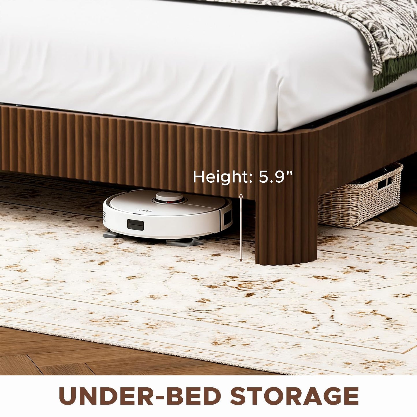 LIMNGZMEENN Full XL Bed Frame with Storage Headboard and Charging Station, Fluted Platform Bed with 2 AC Outlets and 2 USB Ports, Noise-Reducing Metal Support Bed Frame for Bedroom, Walnut
