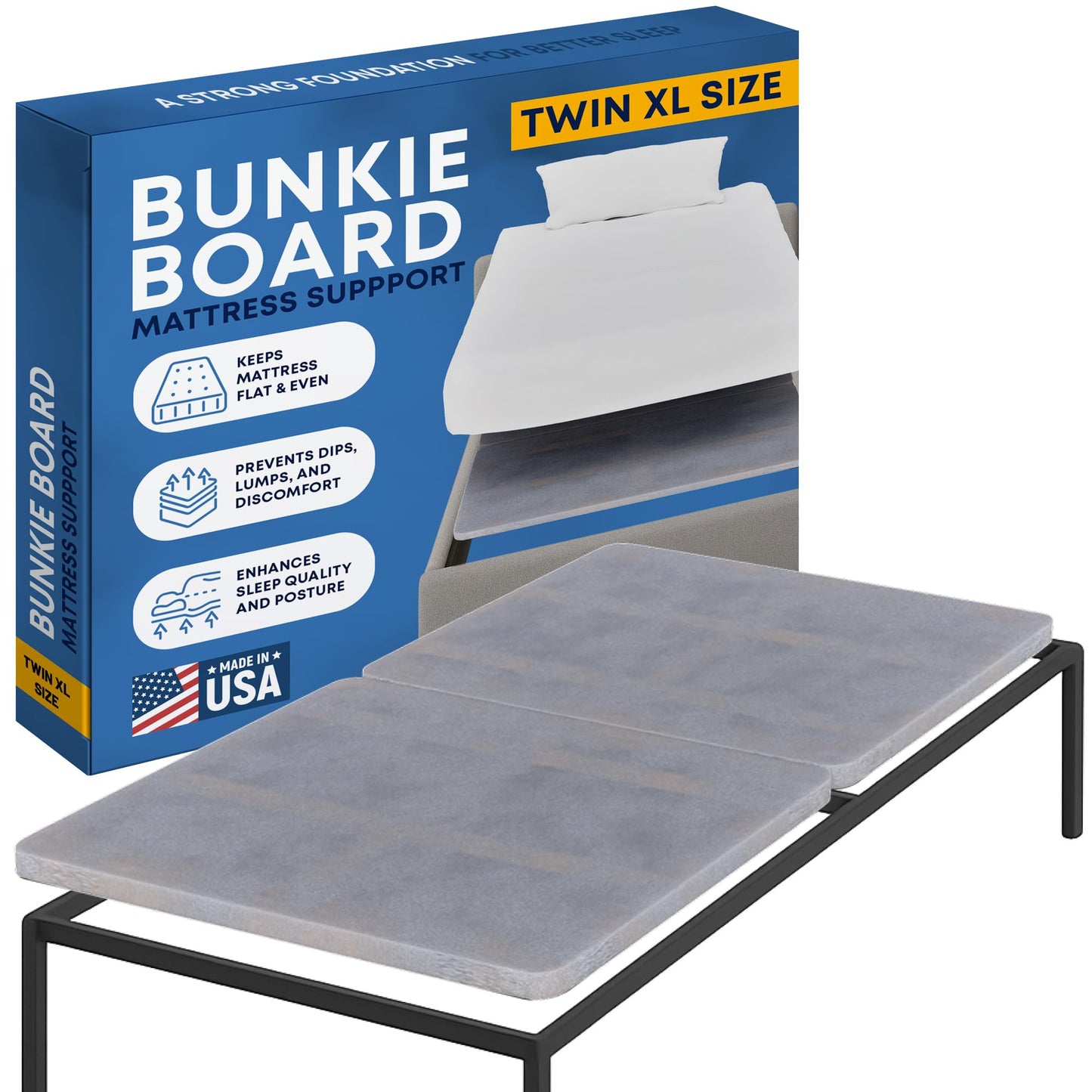 Greaton, Premium 38mm Split Wood Bunkie Board Twin XL Size Bed - 2-Piece Under Mattress Support Board, Fully Assembled, Fabric Ventilation Cover - Replaces Wooden Slats or Box Spring for Bed Frames