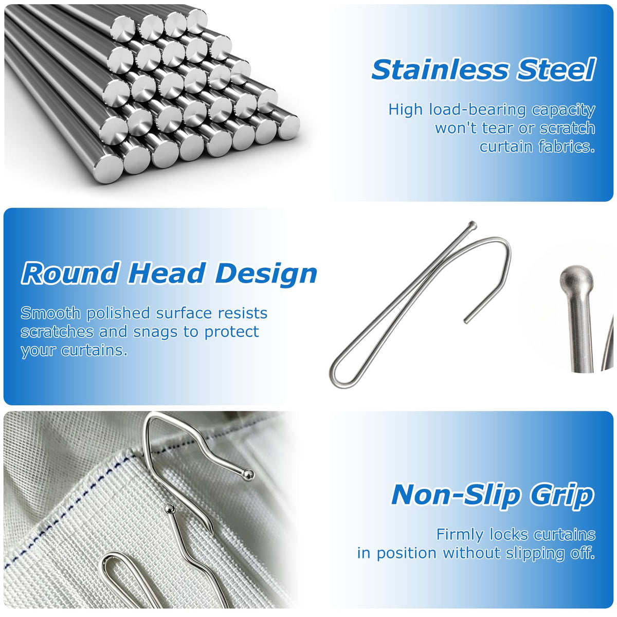 60 Pcs Metal Curtain Hooks for Drapes, Heavy Duty 2.68in Drapery Hooks Pinch Pleat for Window, Door, Shower, Living Room, RV