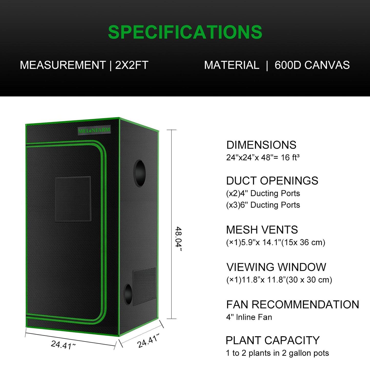 MELONFARM 2x2 Grow Tent, 24"x24"x48'' High Reflective 600D Diamond Mylar Canvas with Observation Window and Floor Tray for Hydroponic Indoor Plant Growing