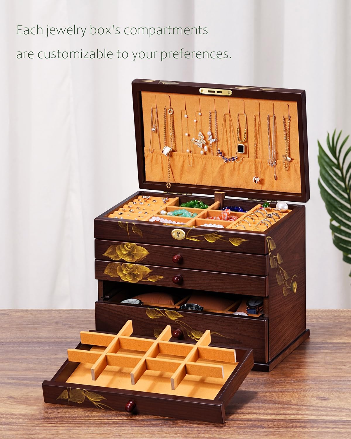 Painted Wooden Jewelry Box for Women, 6-Layer Vintage Organizer with Lock