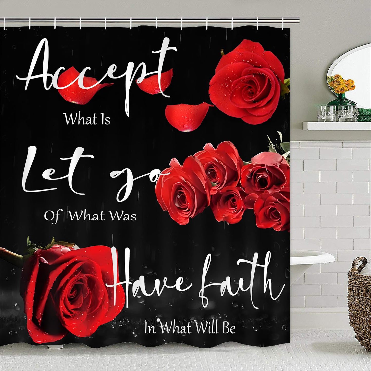 Yddsky 4 Pcs Red Rose Shower Curtain Set with Rugs Bathroom Set