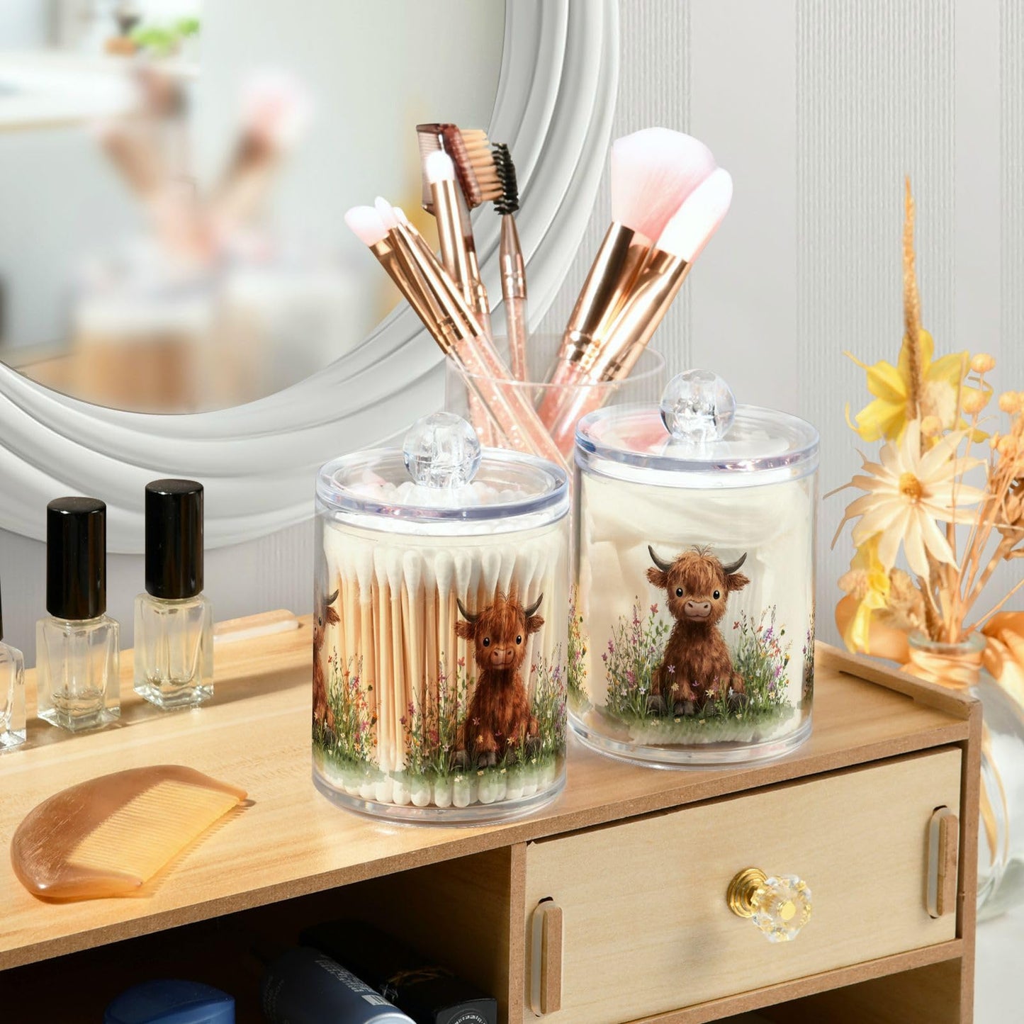 Xmycdz 2 Pack Pattern Oil Painting Cute Cow Apothecary Jars with Lid, 11 Oz Clear Plastic Apothecary Jar Set Qtip Holder Storage Containers for Cotton Ball Swabs Bathroom Vanity