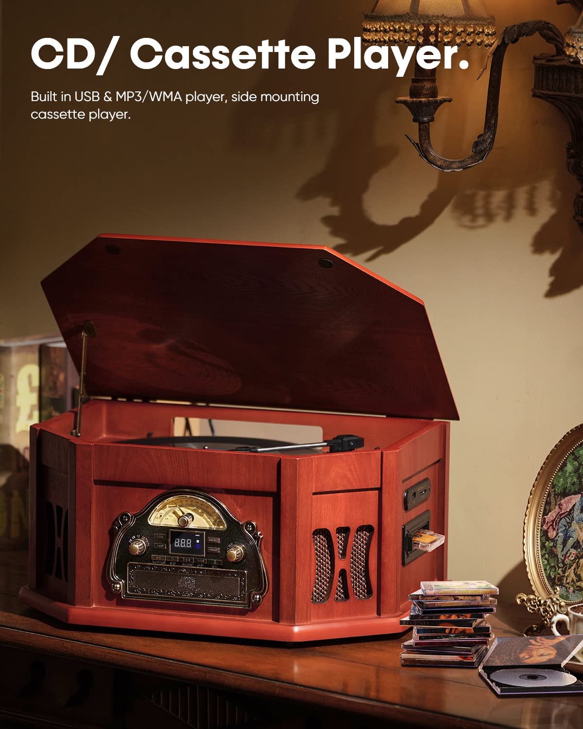 ORCC 10-in-1 Record Player, Nostalgic Turntable for Vinyl Record with Bluetooth, 2 Built-in Speakers, CD, Cassette, AM/FM Radio, USB, SD Slot, Remote Control