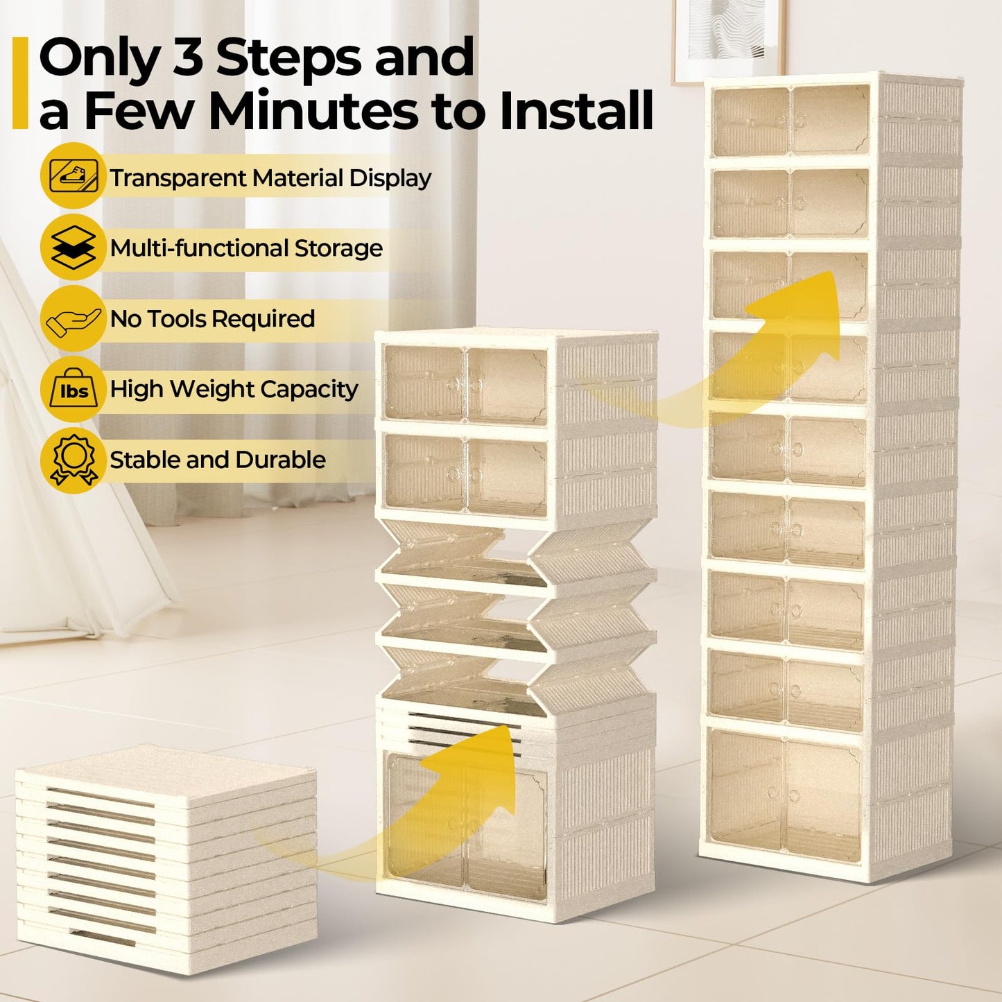 GCCSJ 9-Tier 18 Pairs Foldable Shoe Rack Organizer, Plastic Collapsible Shoe Shelf, Folding Shoe Box Storage Cabinet with Magnetic Clear Door Easy Assembly for Entryway, Bedroom, Living Room
