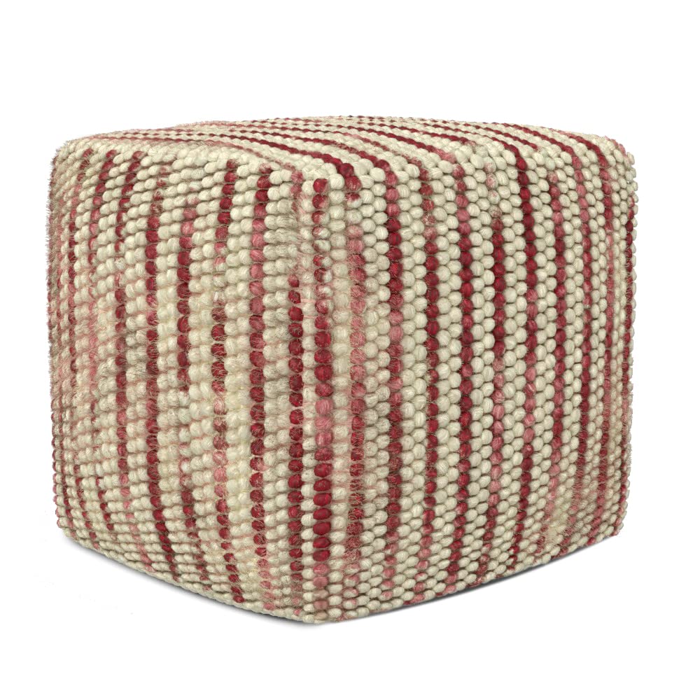 SIMPLIHOME Zoey Boho Cube Woven Pouf in Maroon Cotton and Wool for the Living Room, Bedroom and Kids Room