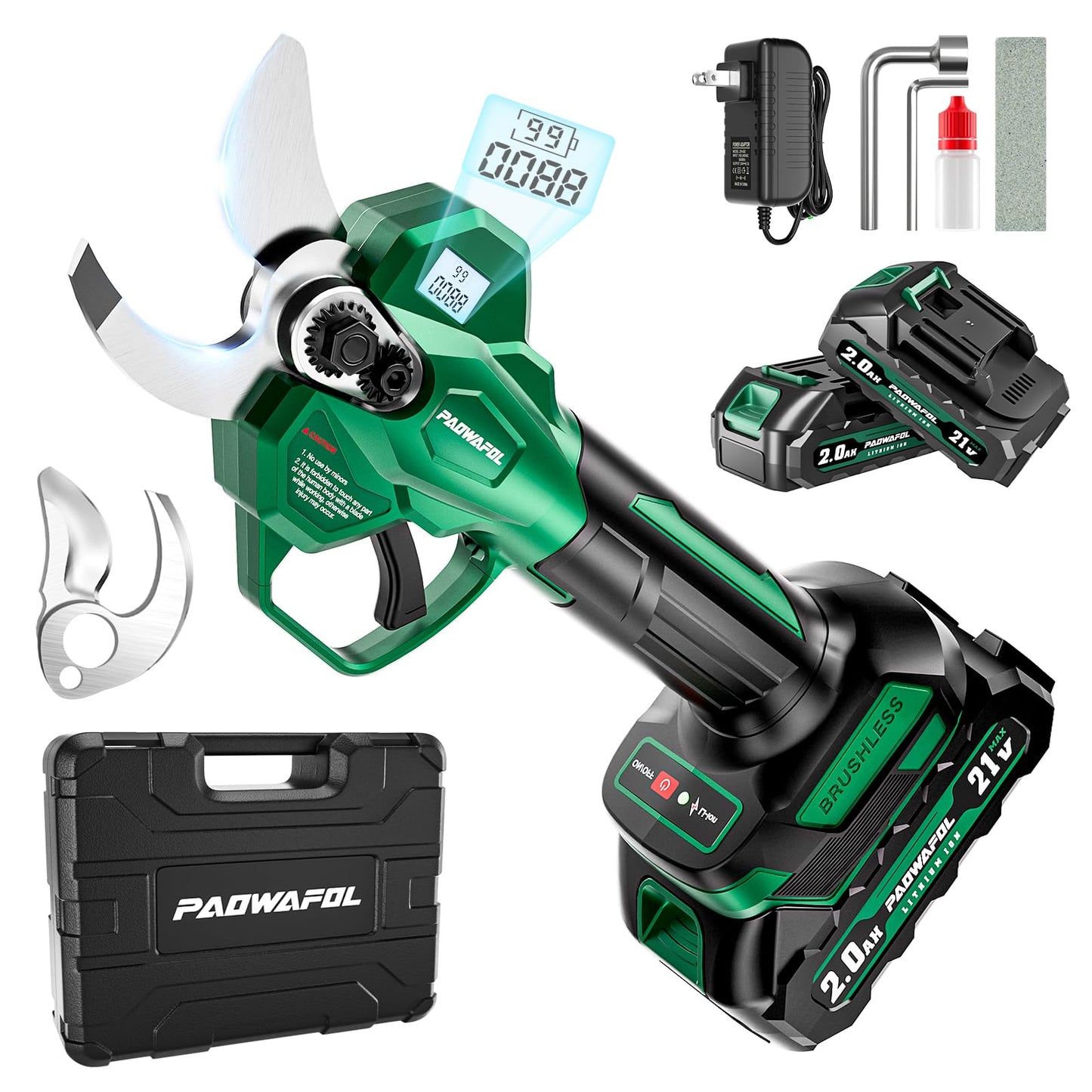 Electric Pruning Shears, 1.6" (41mm) Cutting Diameter Cordless Electric Scissors with LCD Display, 21V Brushless Motor Branch Cutter with 2 PCS Rechargeable 2000mAh Batteries & 2 Blades (Green)