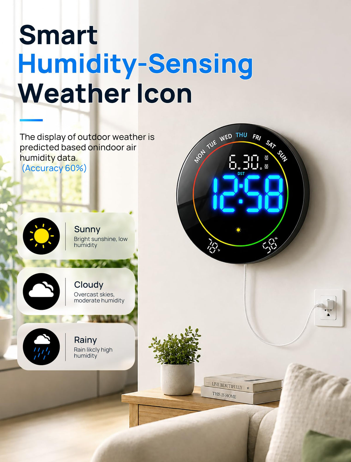 MASHI 10"Easy-Read Large Digital Wall Clock,11-Color Night Light,Auto-DST