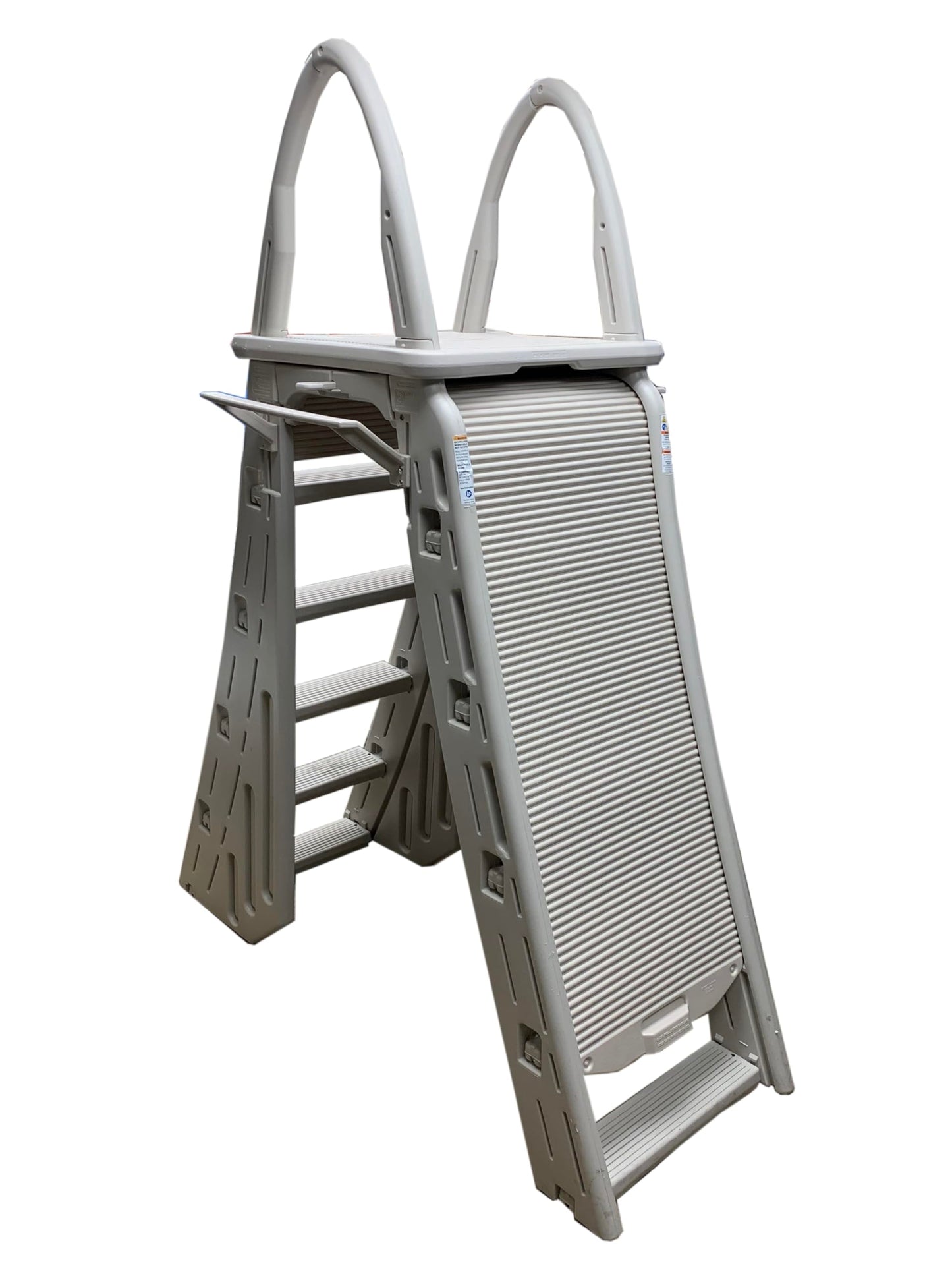 Confer Plastics 7200 Roll Guard fits Above-Ground Pool Heights from 48" to 56" A Frame Safety Ladder for Above Ground Outdoor Patio Swimming Pool Platform Ladder with Step Barrier Warm Grey