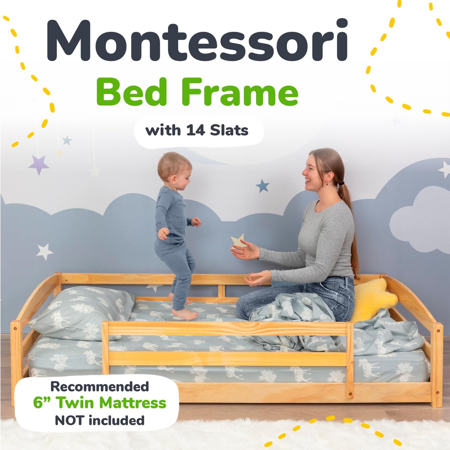 Ocodile Twin Floor Bed with Safety Guardrails for Kids, Montessori Inspired with Rails and 2 Openings, Twin Size Bed Frame for Girls and Boys - Varnished