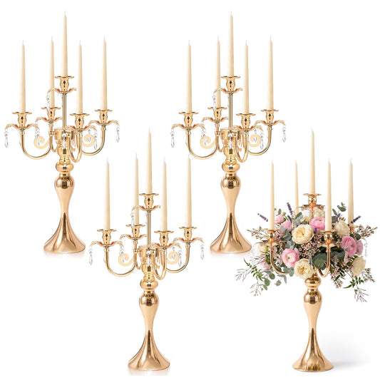 20.3'' Tall 5 Arm Candelabra Centerpiece for Table, Metal Elegant Candle Holder, Retro Candlestick Table Centerpieces for Party, Events, Home, Wedding Decor (4, Gold)