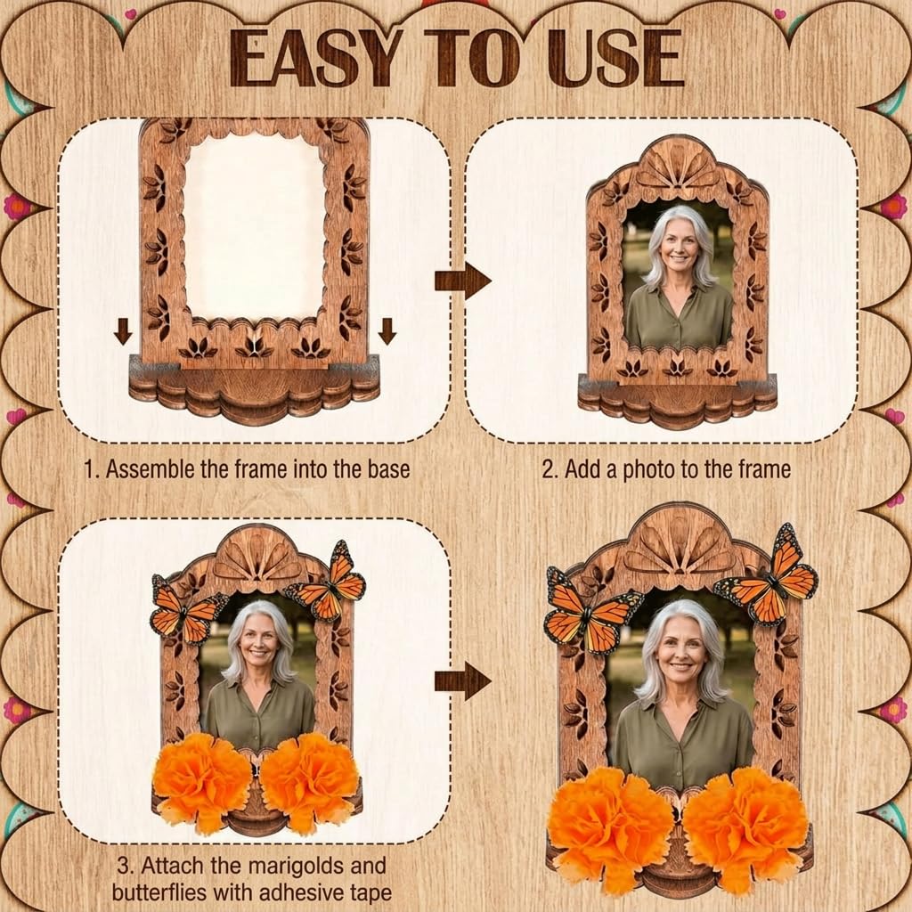 GAGEC 10Pcs Dia De Los Muertos Picture Frame Ofrenda Frame Day of The Dead Photo Frame Wooden Shadow Box 30 Artificial Marigold Flower 20 Butterfly for Day of The Dead Decoration