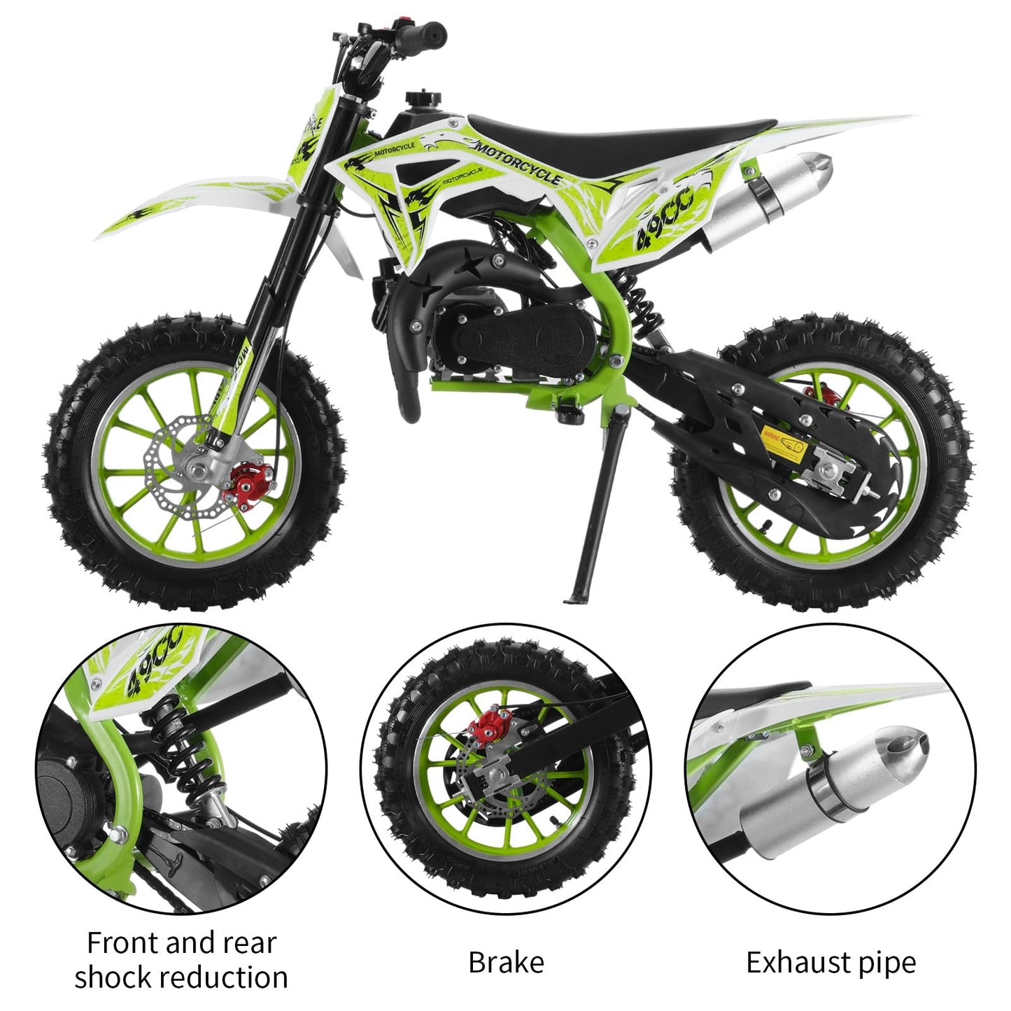 Upgraded 49cc Dirt Bike for Kids, Dirt Bikes 2-Stroke Dirtbike Dirtbikes motos, Gas Motorcycles with Front Rear Disc Brakes, Off-Road Tires, Shock Absorption, Soft Seat Cushion,40 MPH Green