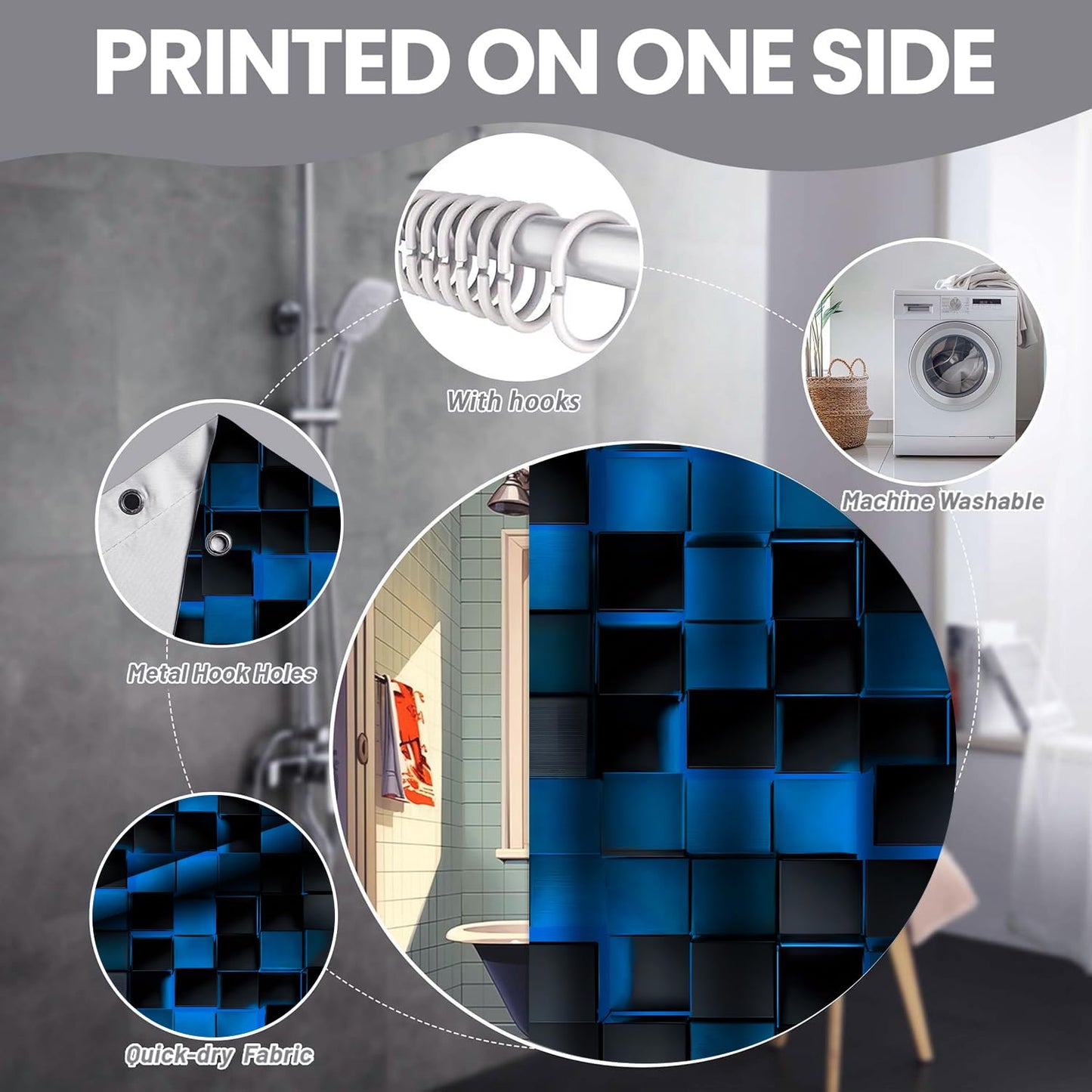 NBVKO 3D Cubes Shower Curtain，Blue Black Shower Curtains for Bathroom，Modern Bathroom Shower Curtain，Washable Fabric Bath Curtain 72''x72''
