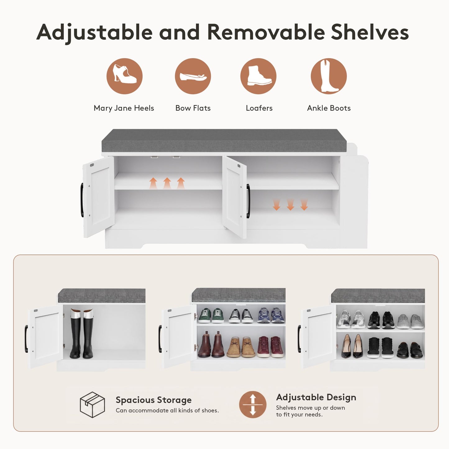 Farmhouse Shoe Storage Bench with 3-in-1 Entryway Storage & Padded Seat