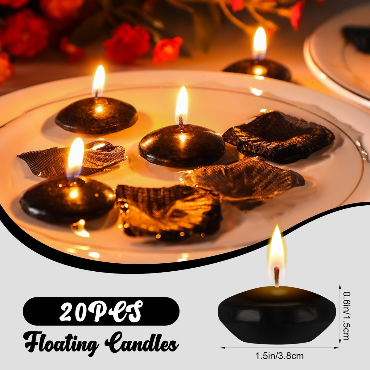 Nuanchu 20 Pcs 1.5 Inch Black Floating Candles, Unscented for Centerpieces