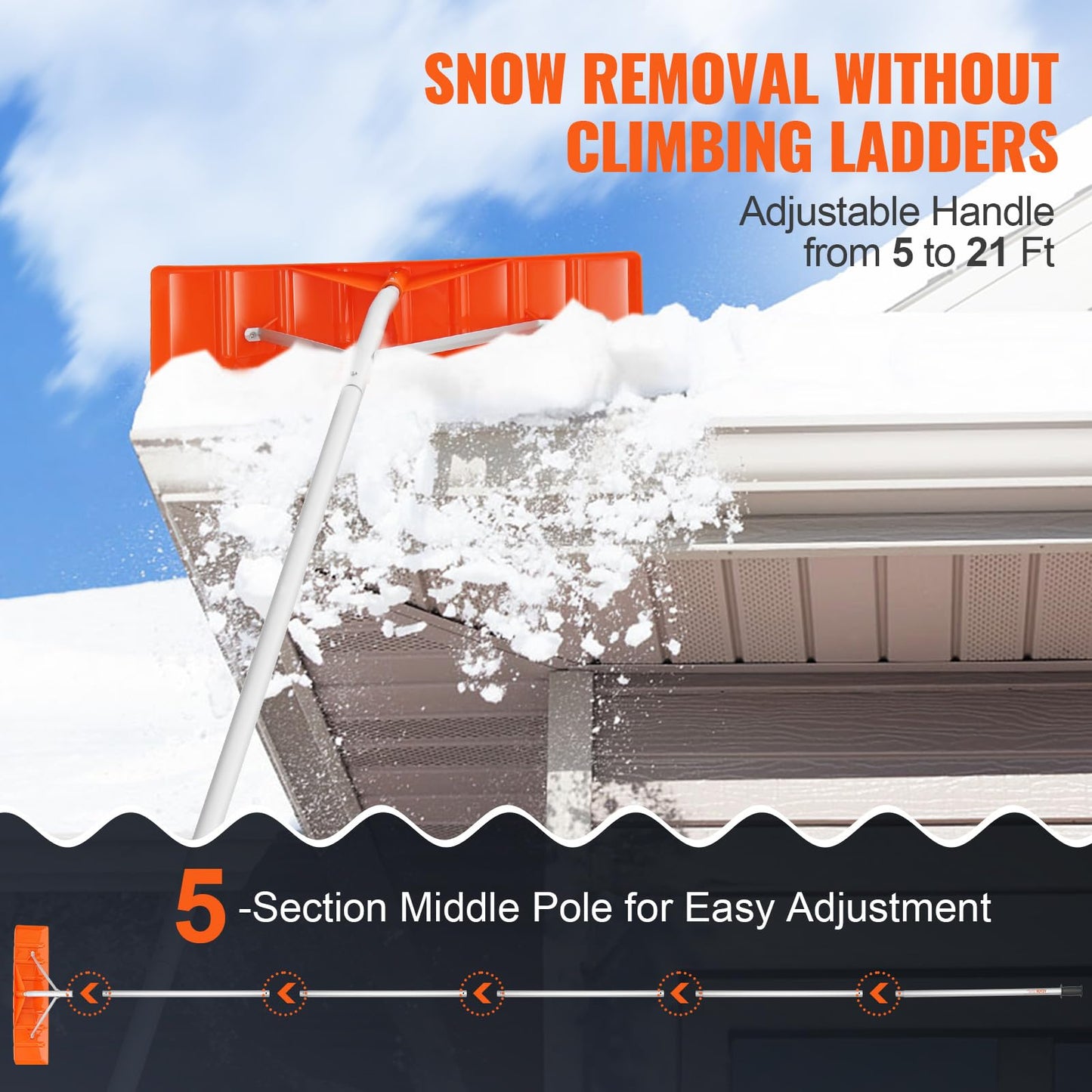 VEVOR Snow Roof Rake, 21ft Reach Aluminium Handle, 25" Plastic Blade Snow Removal Tool, Superior Roof Shovel with Anti-Slip Handle Grip, Easy to Setup & Use for House Roof, Wet Leaves, Car Snow