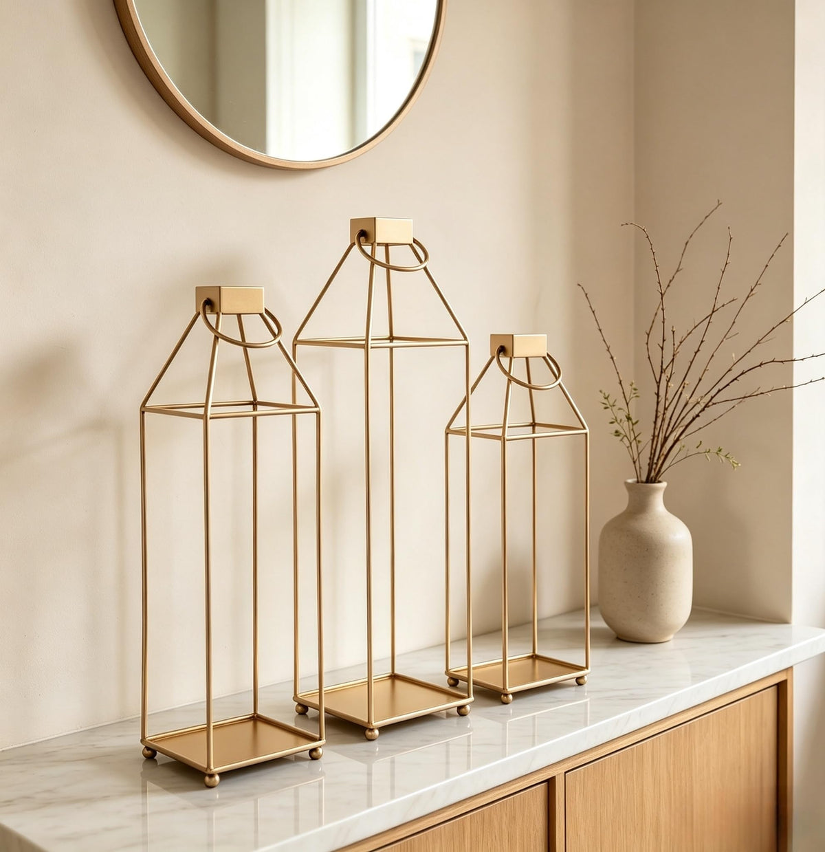 Lanterns Decorative Tall Large Metal Candle Set of 3, Gold(16.6",14.7",12.9") Modern Farmhouse Decor, Indoor, Outdoor, Tabletop, Porch, No Glass NO Candles