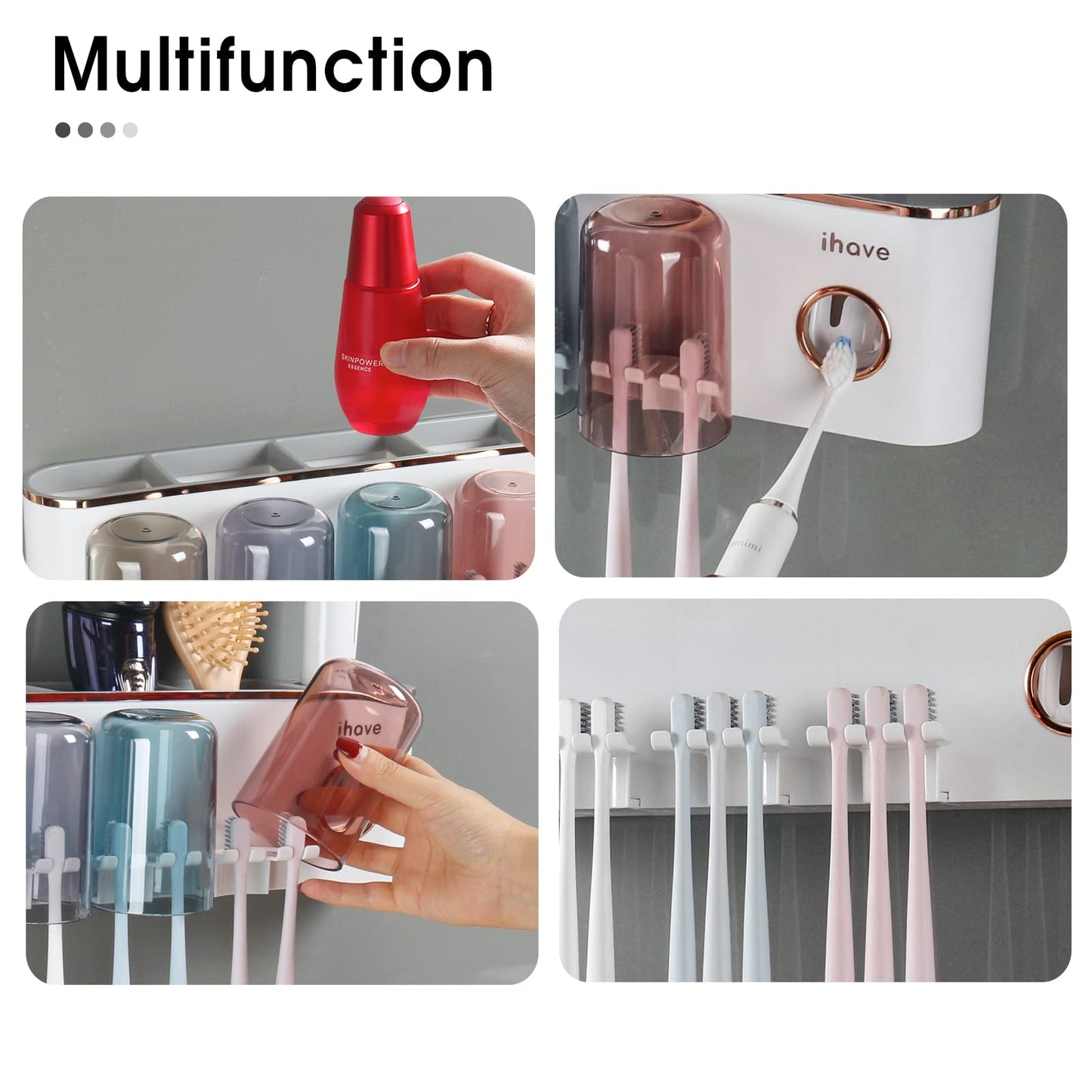 iHave Toothbrush Holders Bathroom Accessories with Toothpaste Dispenser, 4 Cups Toothbrush Holder Wall Mounted Bathroom Decor