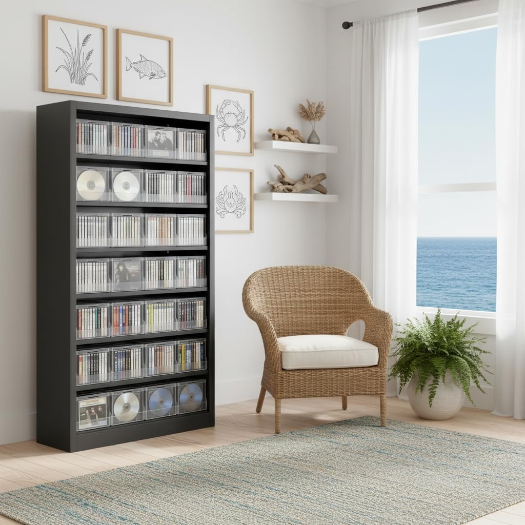 DUTYSEST Metal DVD Storage Shelves, 7-Tier CD Storage Rack with Adjustable Shelves, DVD Organizer Shelf, Media Cabinet for CD Holder, Movies, Blu rays, Games for Living Room & Home Office (Black)