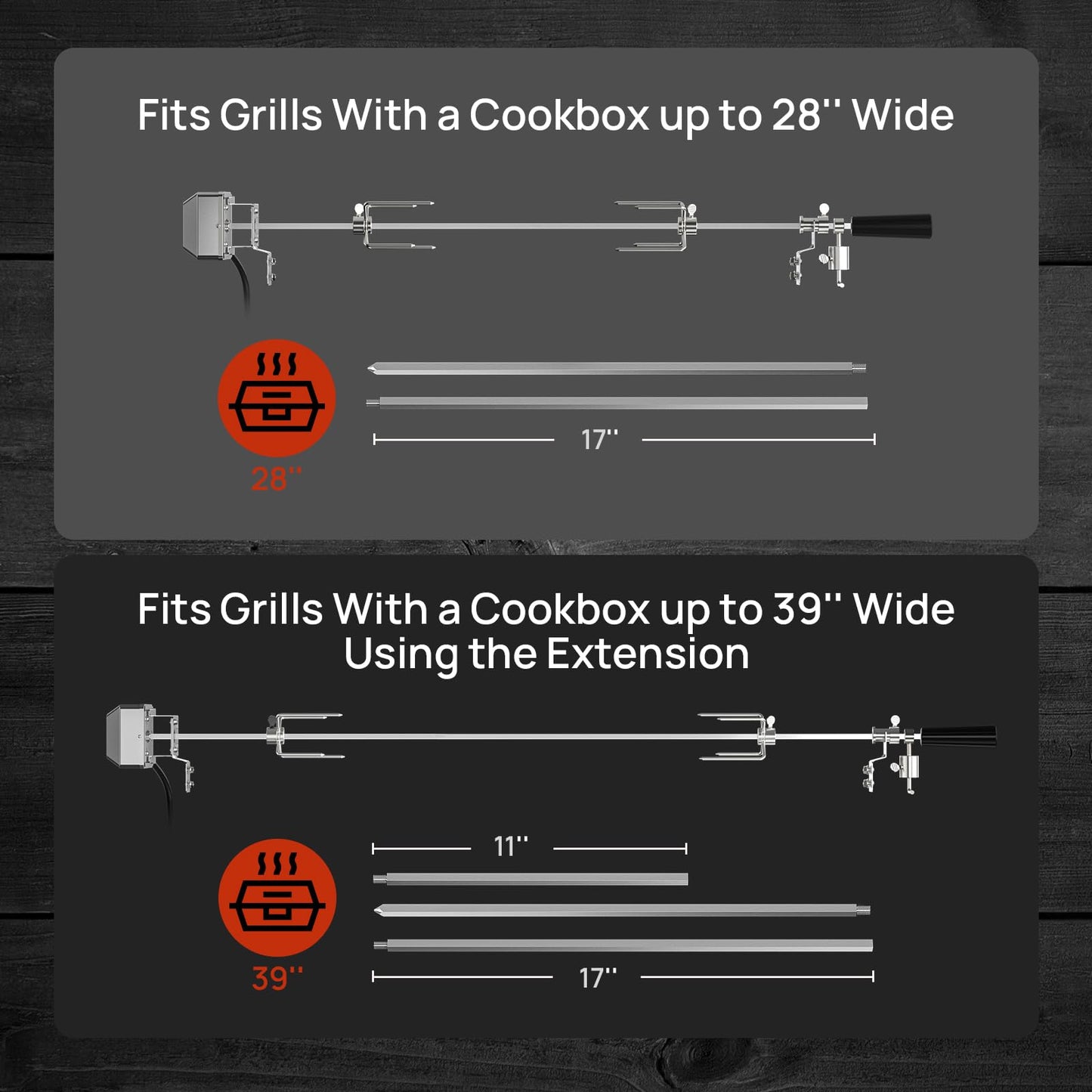 TURBRO Stainless Steel Rotisserie Kit for Gas Grills with A Cookbox up to 39’’ - Includes 4W Electric Motor, 34’’ - 45’’ × 5/16" Square Spit Rod, Meat Forks, Counterweight - for Outdoor BBQ