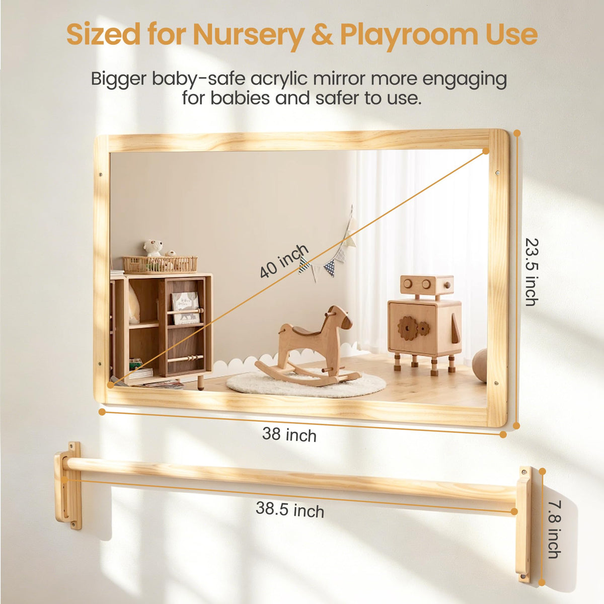 Brezlio Montessori Mirror with Pull Up Bar, Large 38.2 x 23.6 in Natural Wood & Shatter-Resistant Acrylic Baby Mirror for Tummy Time, Horizontal/Vertical Floor Use, Wall Mounting and Pull-to-Stand