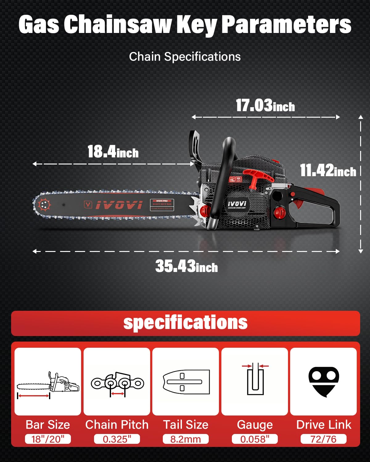 IVOVI 63CC Gas Chainsaw 20 Inch & 18 Inch Bars — 3.7HP Heavy-Duty Tree Felling, Ranch Maintenance and Storm Cleanup Tool (Black)