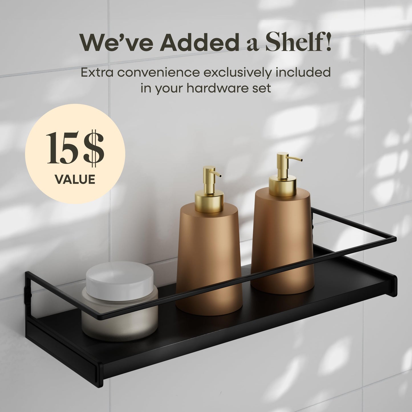 Black Bathroom Hardware Set, 5-Piece + 15.7" Shelf & 2 Adhesive Robe Hooks