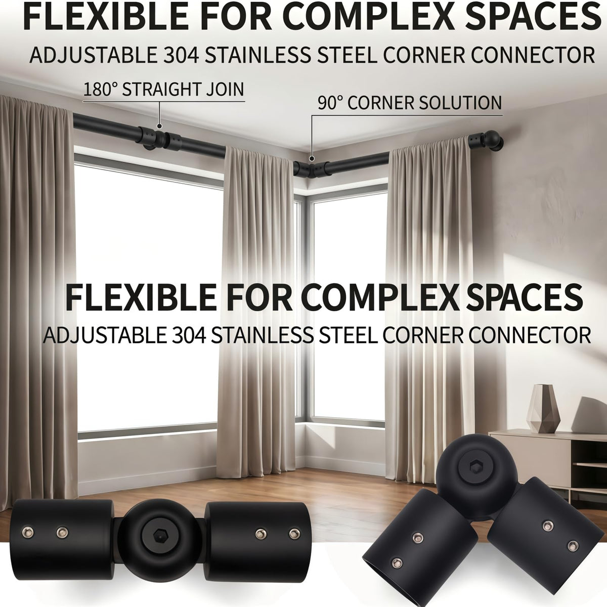 Heavy Duty Adjustable Corner Curtain Rod Connector, 2 Pack Black Metal Hinged Elbow Connector for 1 Inch Bay Window Curtain Rods & Blinds