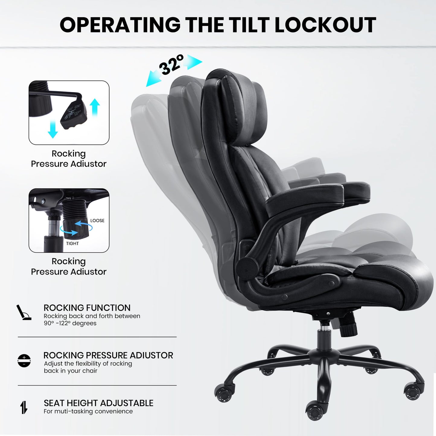 500lbs Big and Tall Office Chair Adjustable Lumbar Support for Back Pain, Extra Wide Seat Executive Office Chair Thick Armrest Pad, Heavy Duty Base&Upgraded Wheels, Ergonomic Desk Chair