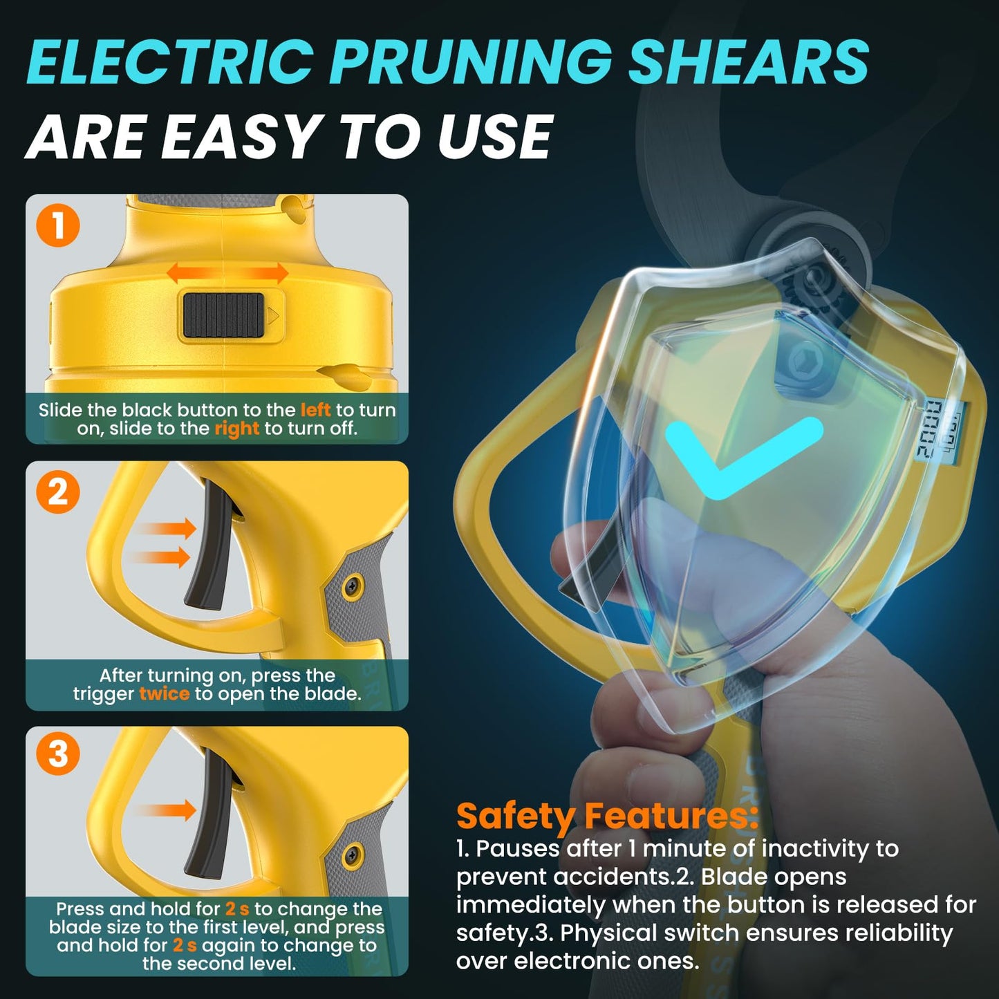 Electric Pruning Shears Cordless Pruner Shears Brushless 2.6 Inch Opening Size with 2 * 2Ah Battery Pruning Shears Garden Tool for Tree Trimming, Branch Cutter