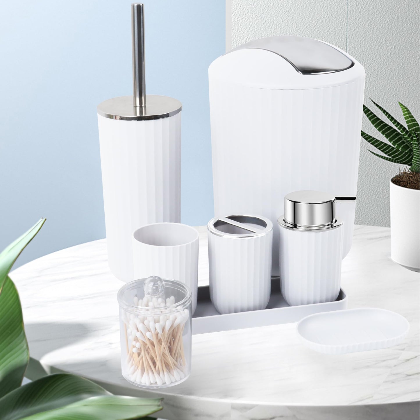 FEILANDUO Bathroom Accessories Sets Complete, 8 Pcs Bathroom Accessory Set with Trash Can, Soap Dispenser, Soap Dish, Toothbrush Holder,Toothbrush Cup,Toilet Brush and Qtip Holders,Vanity Tray (White)