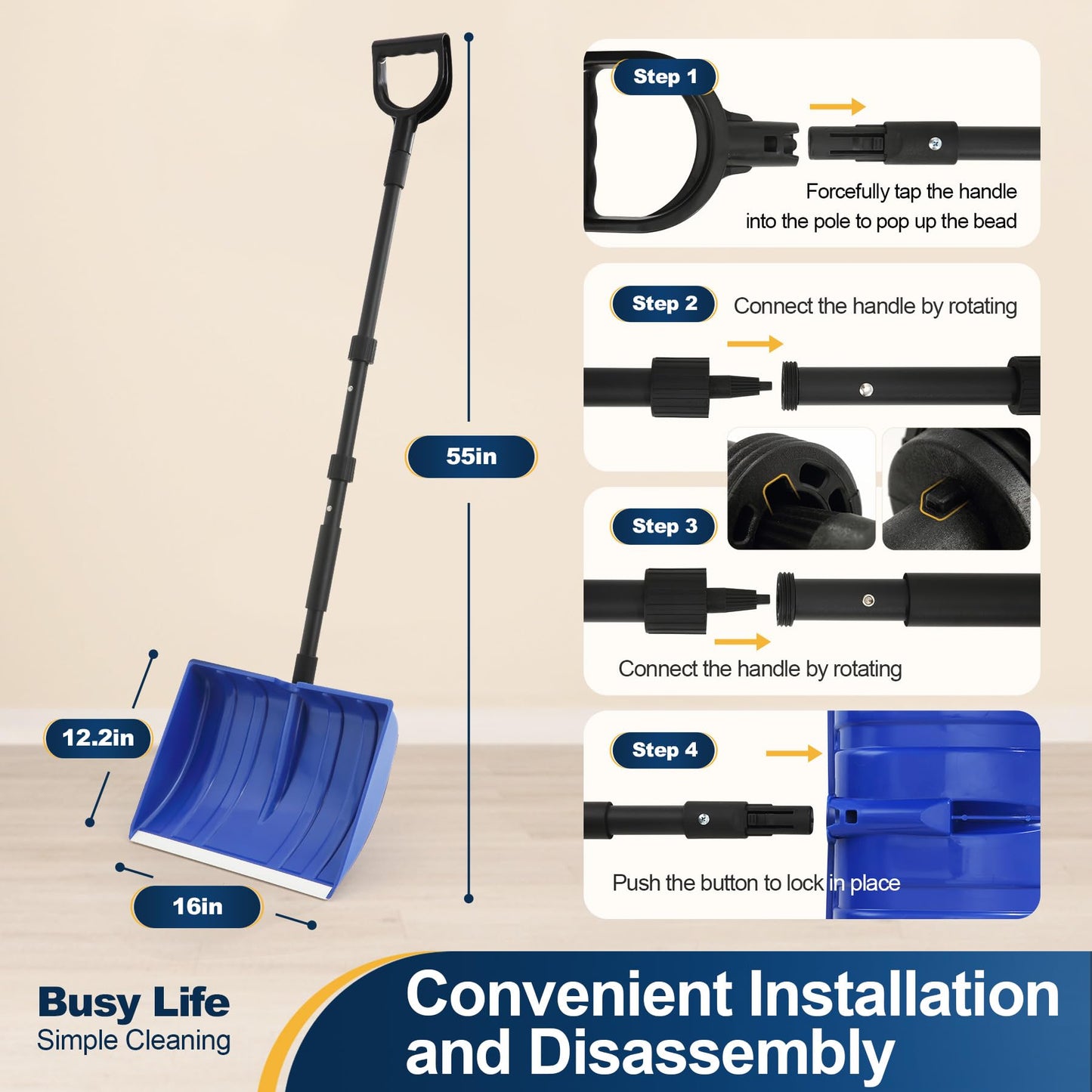 Yocada Snow Shovel for Driveway Home Garage Snow Removal 55 inch Long with D-Grip Handle Aluminum Strip Large Capacity Shovel for Garden Car Camping Outdoor