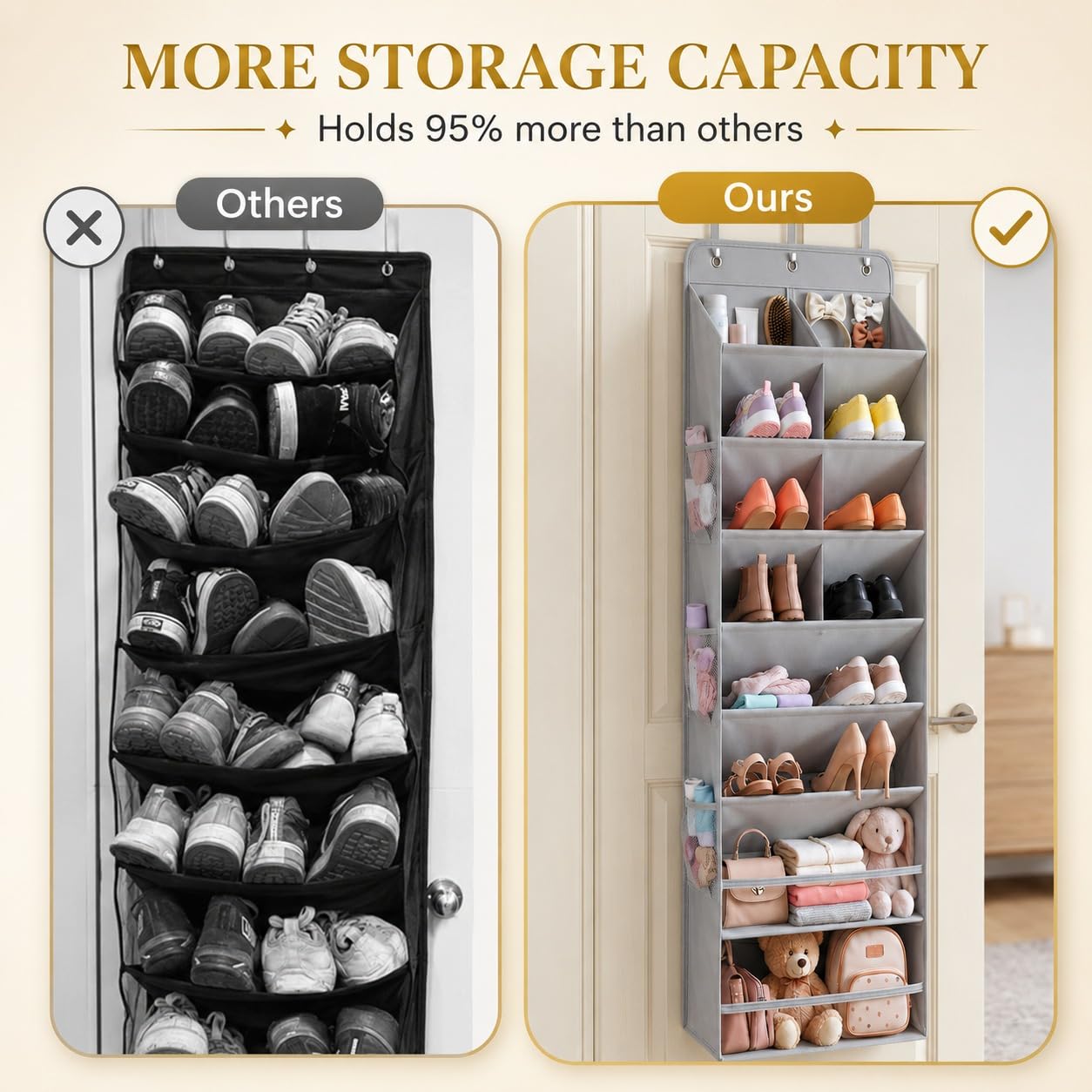 8 Tier Hanging Shoe Organizer – 100D Extra Thick Deep Pockets, Shoe Rack for Closet, Shoe Rack for Entryway, Over the Door Shoe Organizer for Closet with 6 Side Pockets for Boots (Dark Gray)