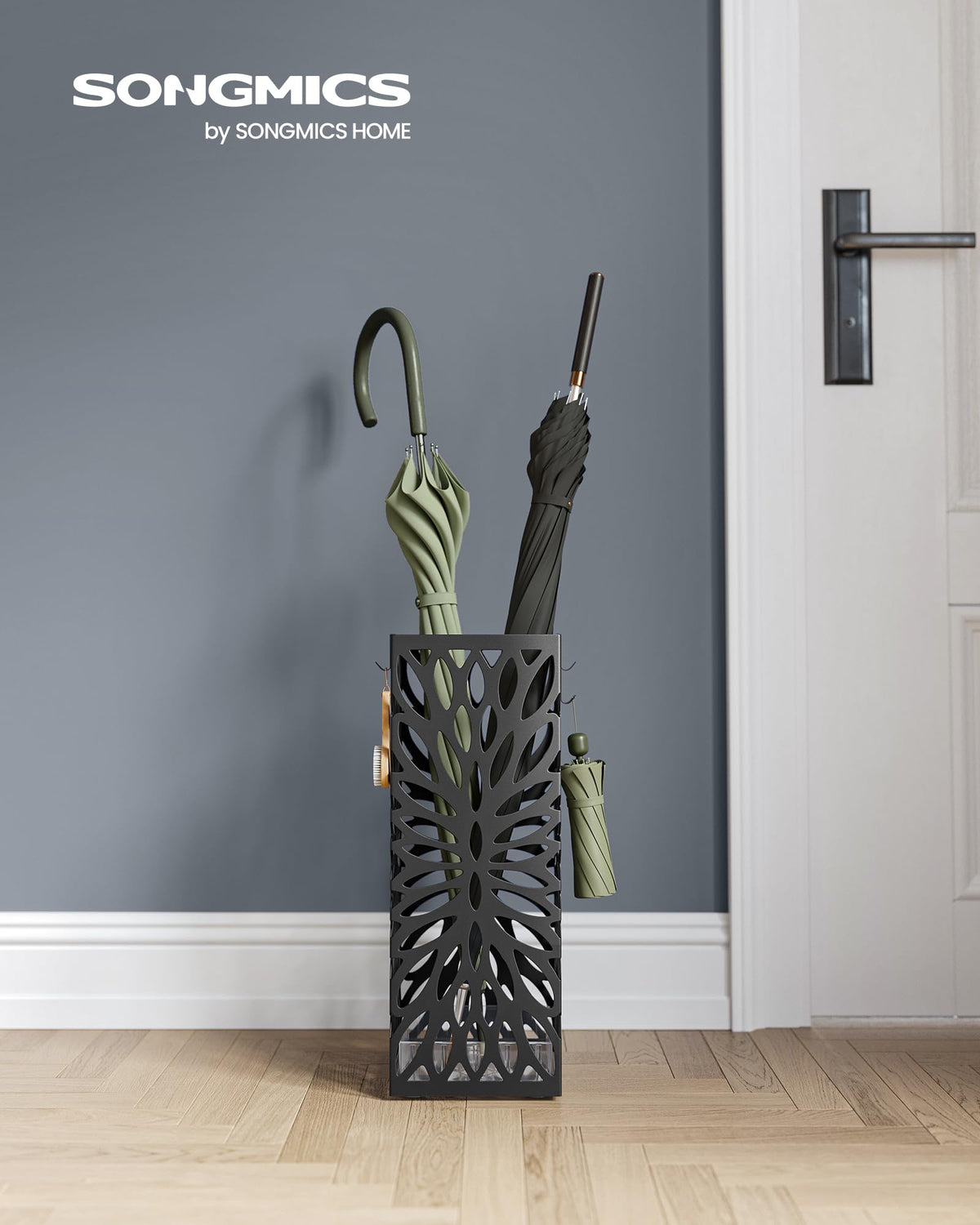 SONGMICS Umbrella Stand, Steel Square, Detachable Drip Tray, 4 Hooks