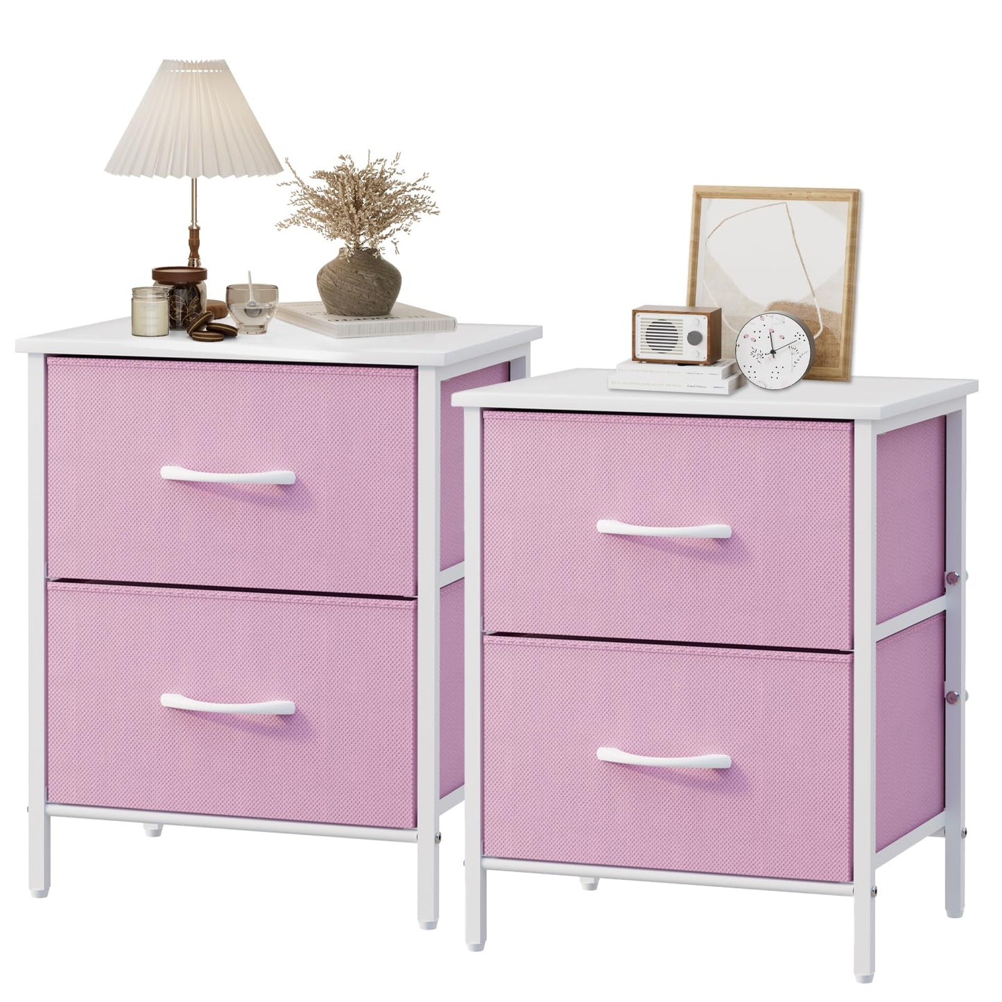 Stero Nightstand Set of 2, Kids Dresser with 2 Drawers, Steel Frame Bedside Furniture, Wood Top Fabric Night Stand, Colorful End Table for Home, Bedroom, Office, Pink