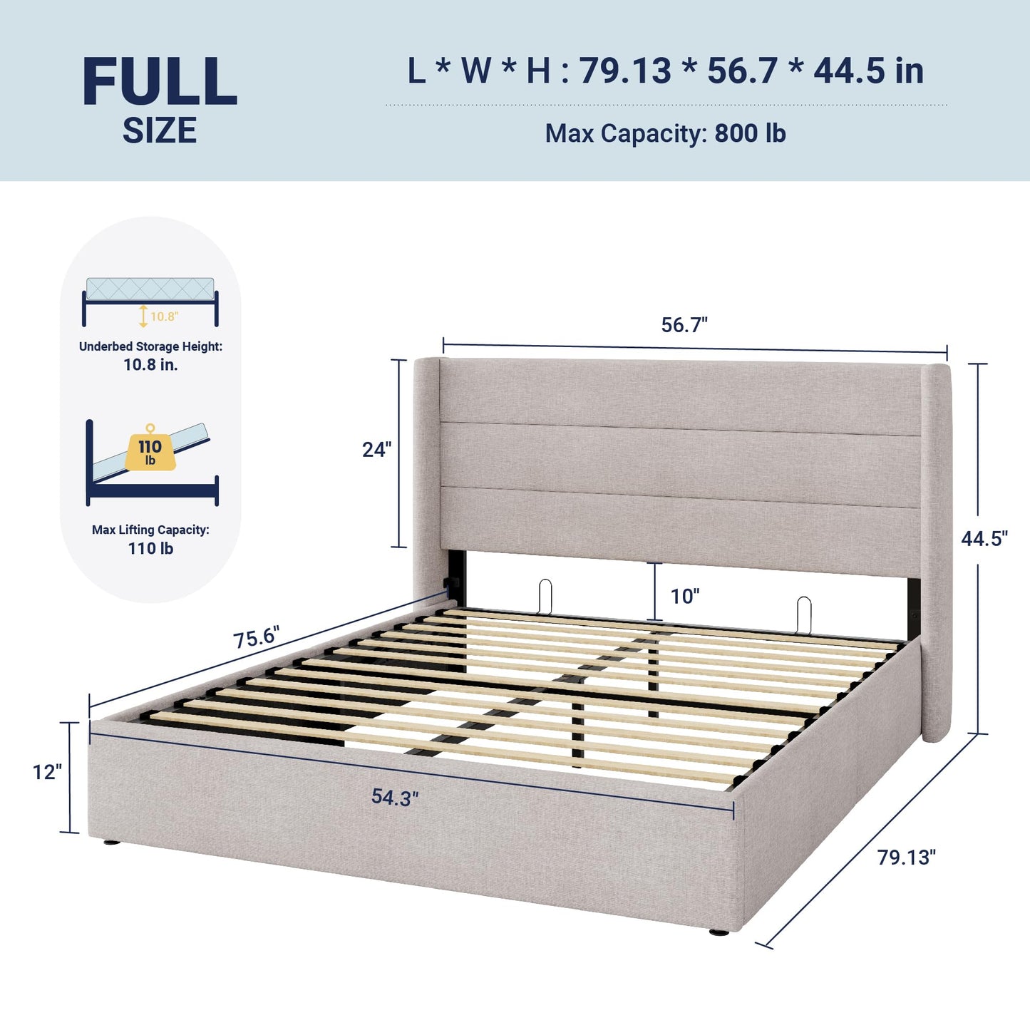 Allewie Full Size Lift Up Hydraulic Storage Bed Frame Light Beige