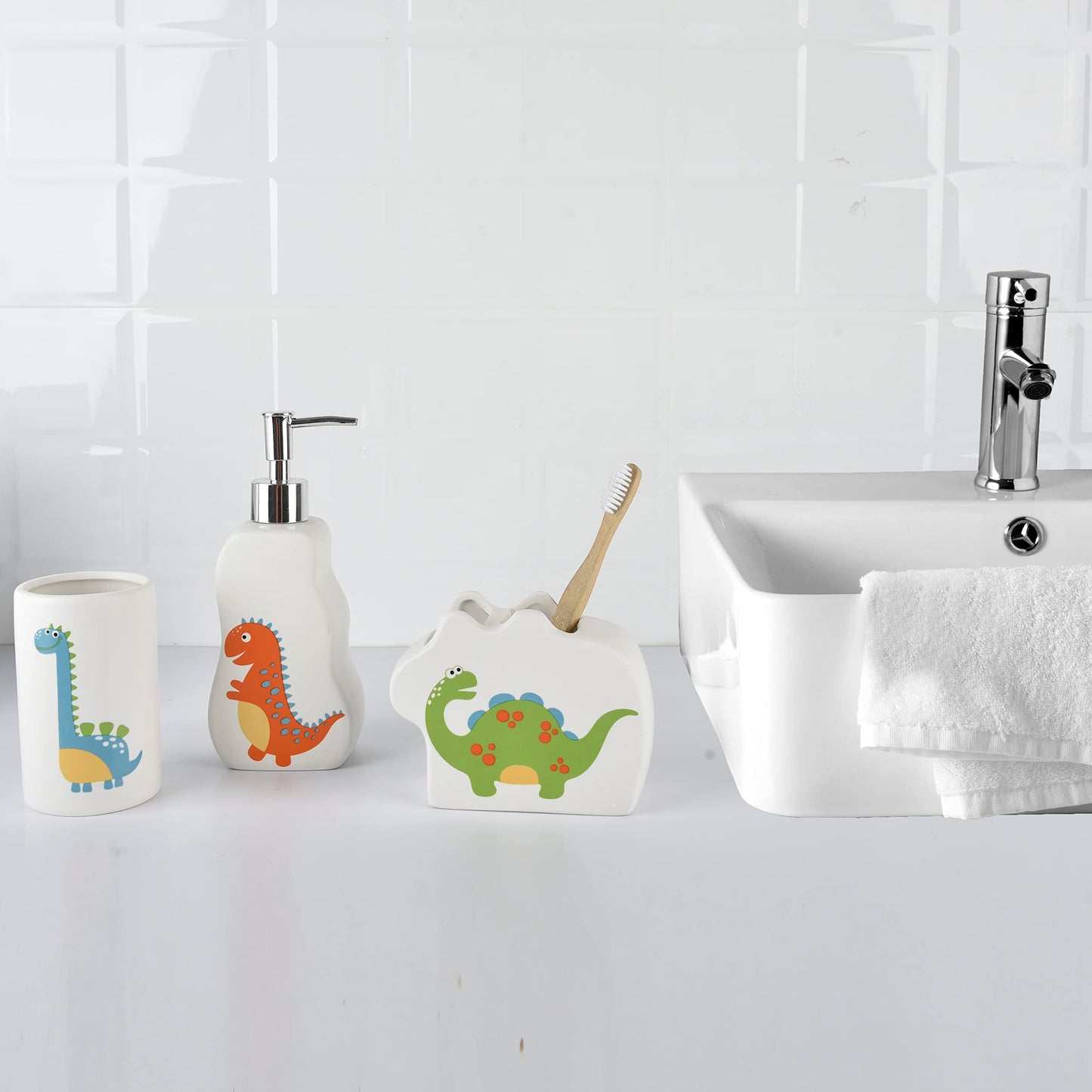 Ivanna Banana Kids Dinosaur Bathroom Set – 3-Piece Fun Bathroom Accessories for Kids, Including Toothbrush Holder, Soap Dispenser, and Cup – Adorable Dinosaur Décor for a Playful Bathroom.