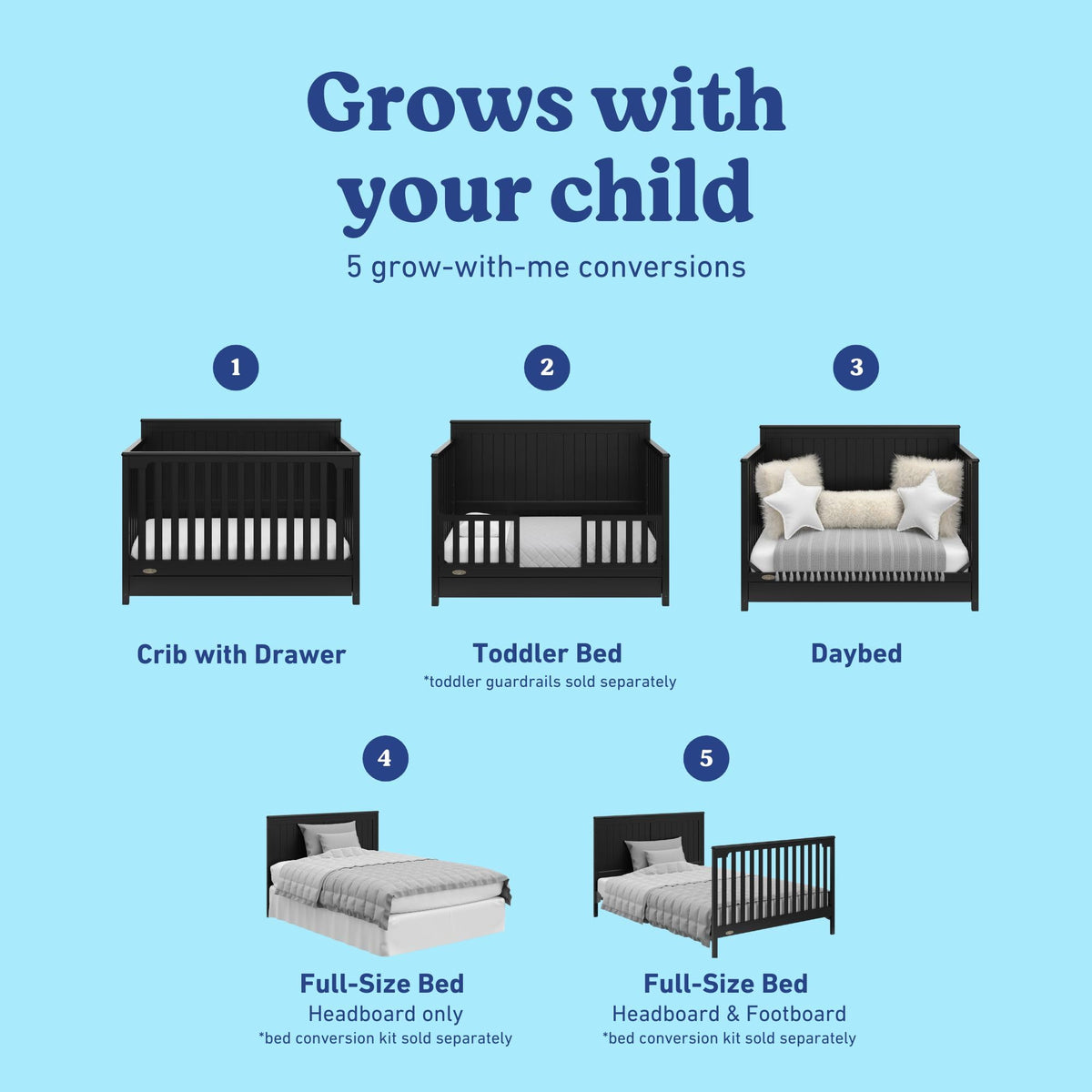 Graco Hadley 5-in-1 Convertible Crib with Drawer (Black) – GREENGUARD Gold Certified, Fits Standard Crib Mattress, Converts to Toddler Bed, Daybed and Full Bed, 4 Adjustable Mattress Heights
