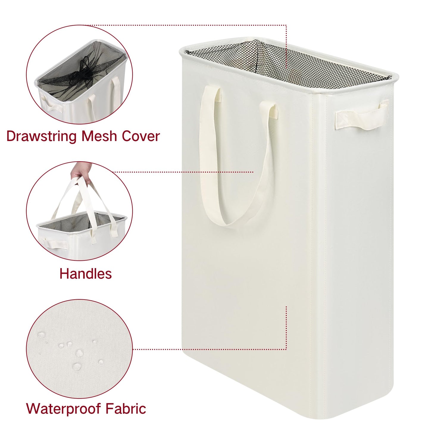 efluky Slim Laundry Basket, Narrow Laundry Hamper with Handles, Collapsible Dirty Clothes Hamper, Tall Laundry Bin for Laundry Room, Dorm and Bedroom, 12.7 Gallons(48L) Beige