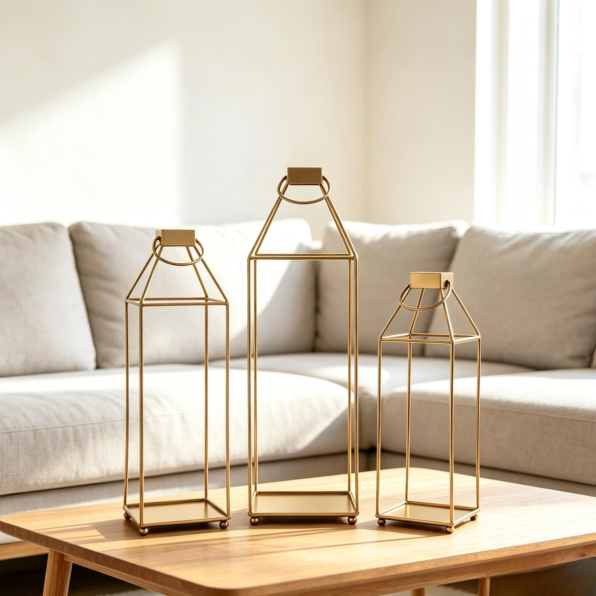 Lanterns Decorative Tall Large Metal Candle Set of 3, Gold(16.6",14.7",12.9") Modern Farmhouse Decor, Indoor, Outdoor, Tabletop, Porch, No Glass NO Candles