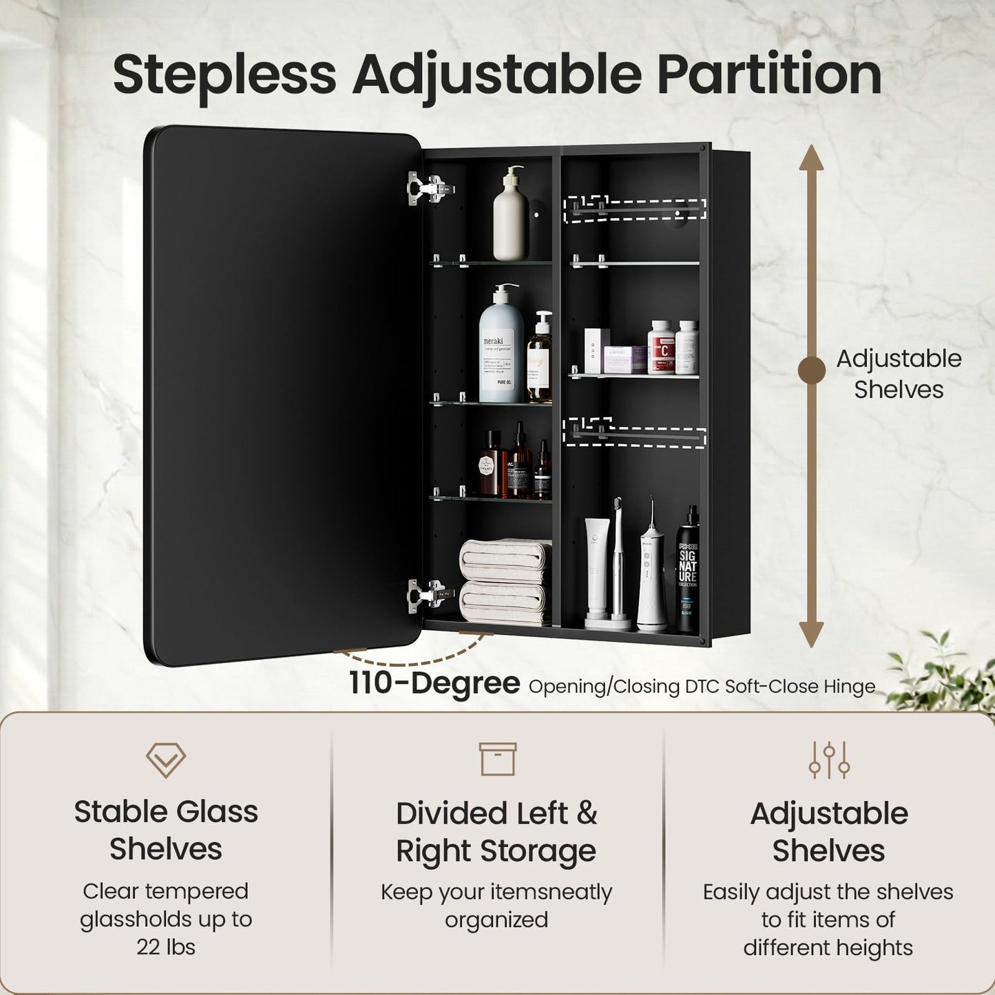 GoTiling 16x24 Medicine Cabinet with Mirror, Aluminum Bathroom Wall Organizer, Pre-Assembled, Center Partition for Tall Bottles, 6 Adjustable Shelves, Soft-Close, Recessed/Surface Mount, Matte Black
