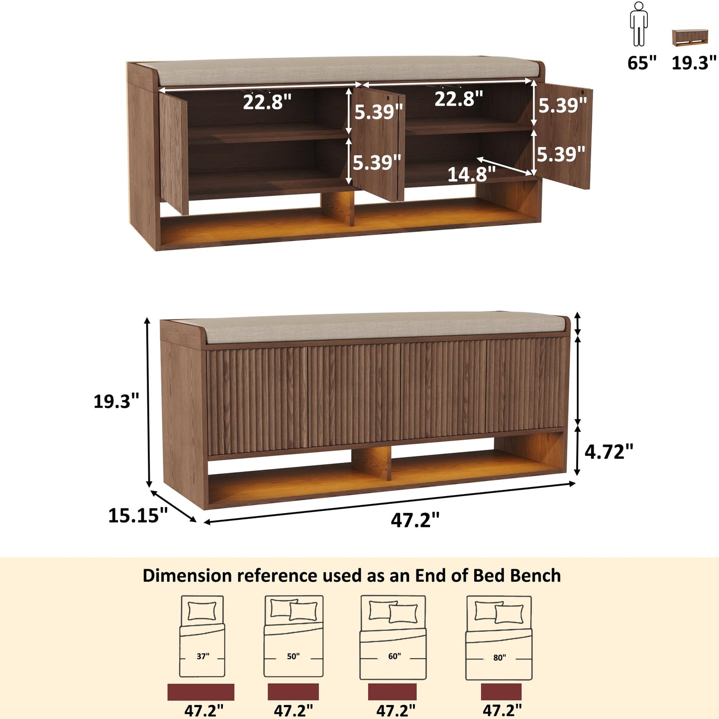 HOMEFORT 47.2" Fluted Shoe Storage Bench, Entryway Bench with Linen Seat Cushion, Shoe Cabinet Bench with Adjustable Shelf and Built-in LED Sensor Light, Bench for Bedroom End of Bed, Walnut