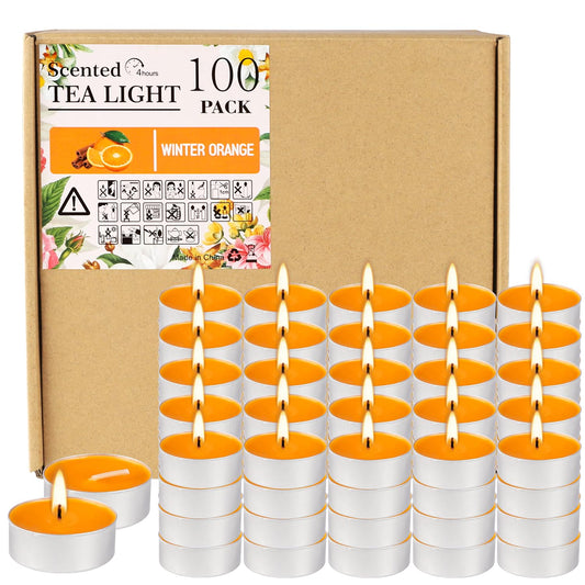 100 Pack Scented Tealight Candles 4 Hours, Winter Orange Aromatherapy Candles for Votive Home, Wedding Holiday and Emergency (Orange)