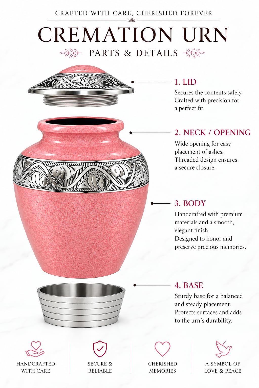 Bold & Divine Cremation Urn for Human Ashes, Adult Memorial Urn for Women & Men, Pink Urn with Silver Engraved Design, Decorative Funeral Urn for Ashes, 9.5 x 7 Inches
