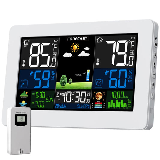 Weather Station Wireless Indoor Outdoor with Atomic Clock, 1 Sensor,White